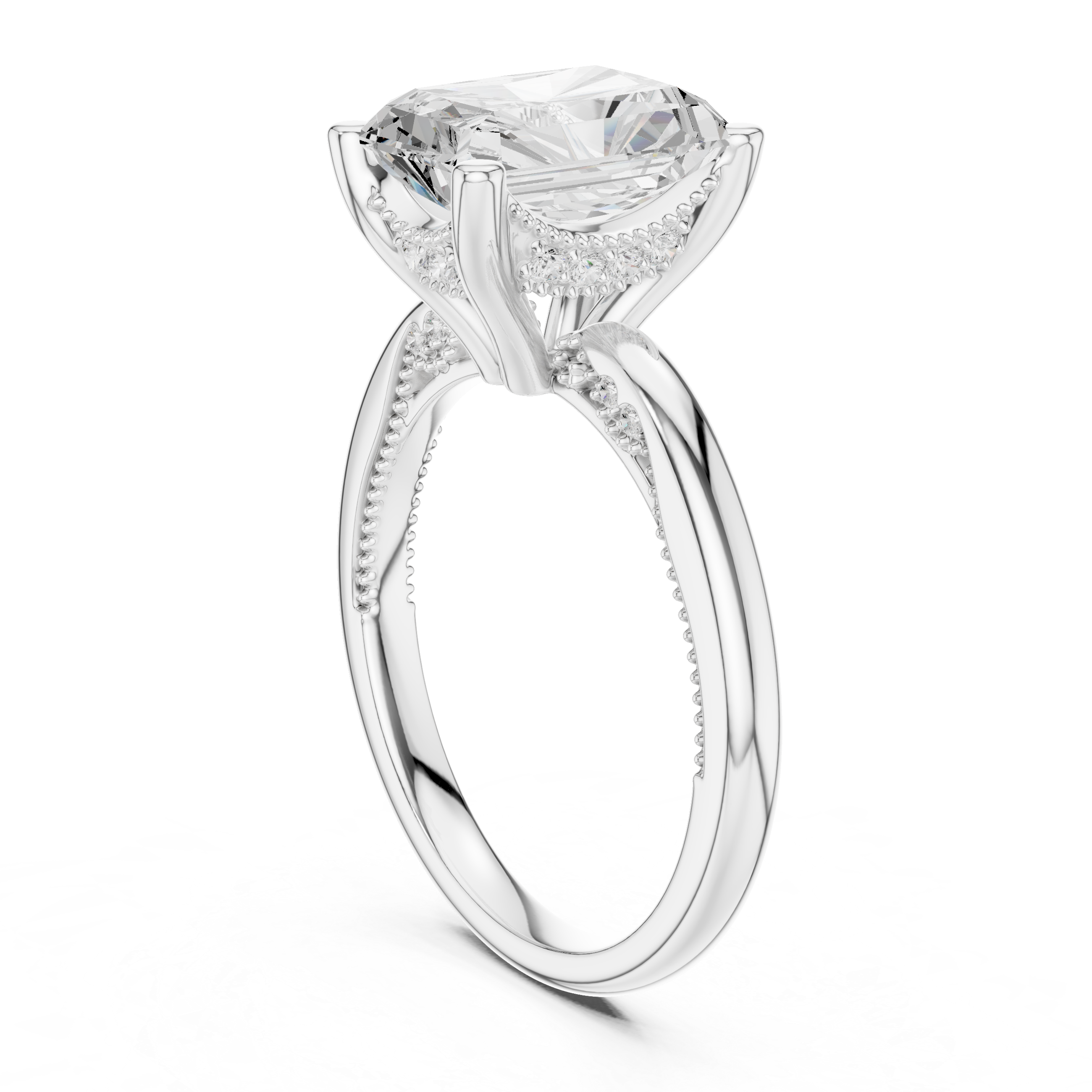 Radiant Cut Engagement Ring with Twisted Split Shank and Hidden Halo