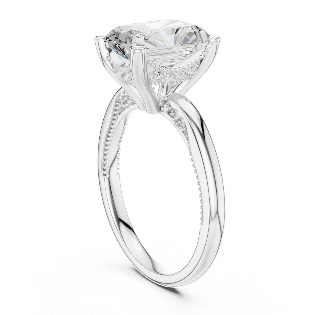 Radiant Cut Engagement Ring with Twisted Split Shank and Hidden Halo