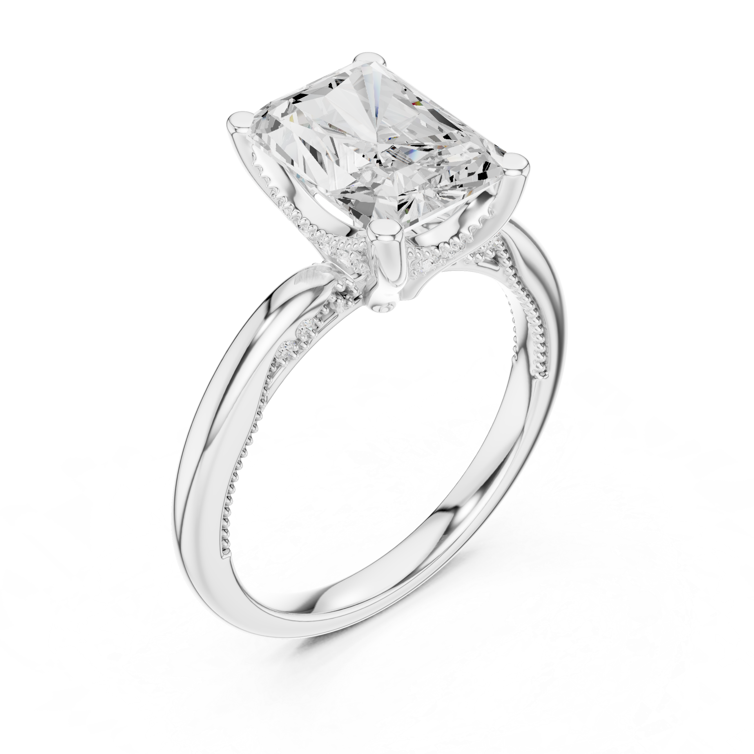Radiant Cut Engagement Ring with Twisted Split Shank and Hidden Halo