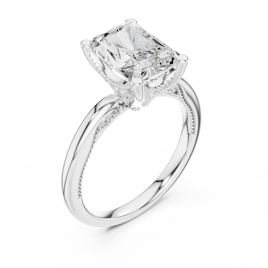 Radiant Cut Engagement Ring with Twisted Split Shank and Hidden Halo