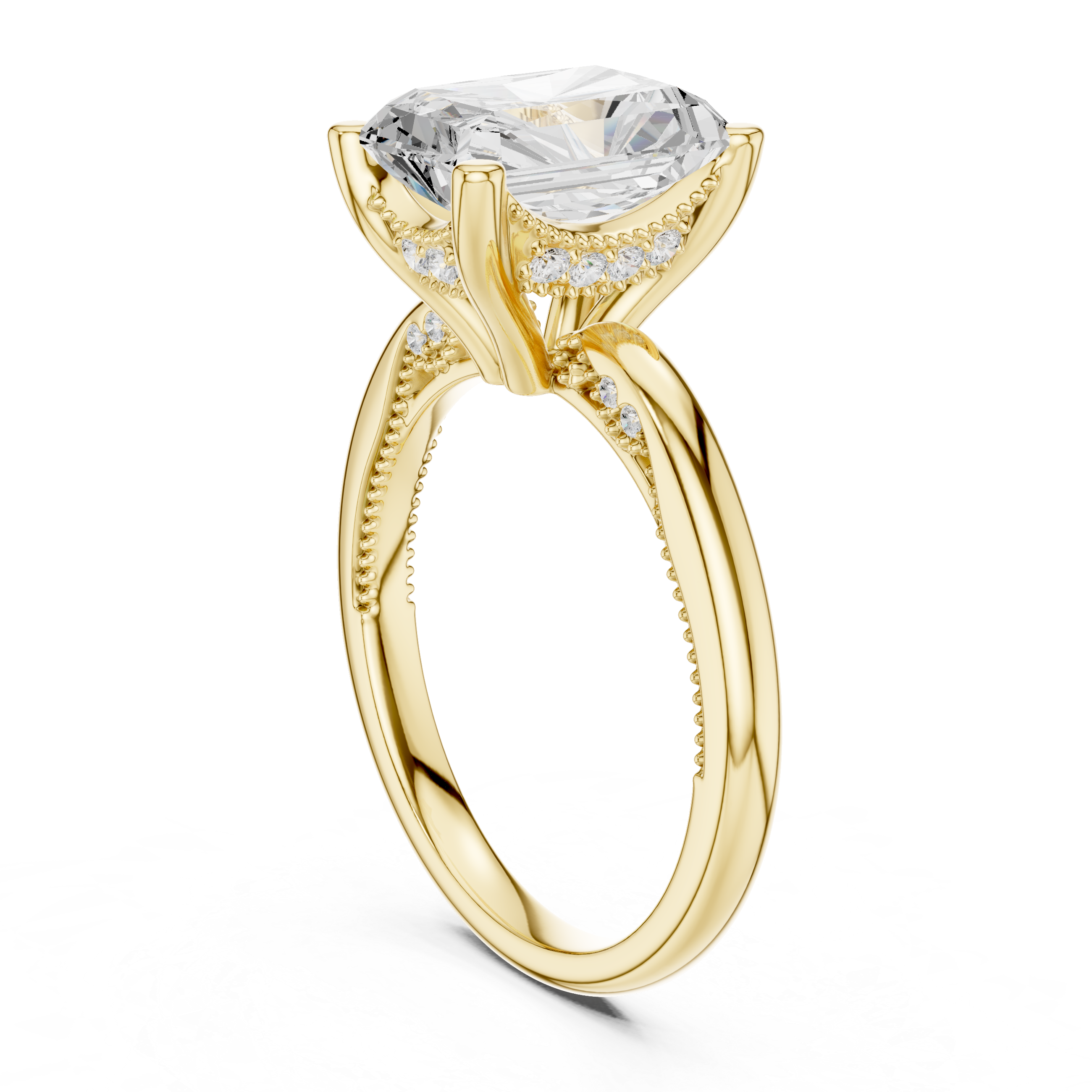 Radiant Cut Engagement Ring with Twisted Split Shank and Hidden Halo