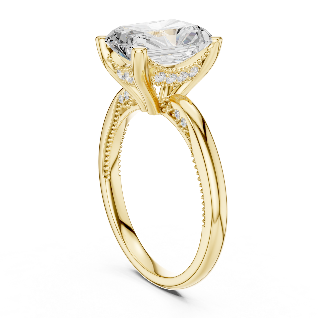 Radiant Cut Engagement Ring with Twisted Split Shank and Hidden Halo