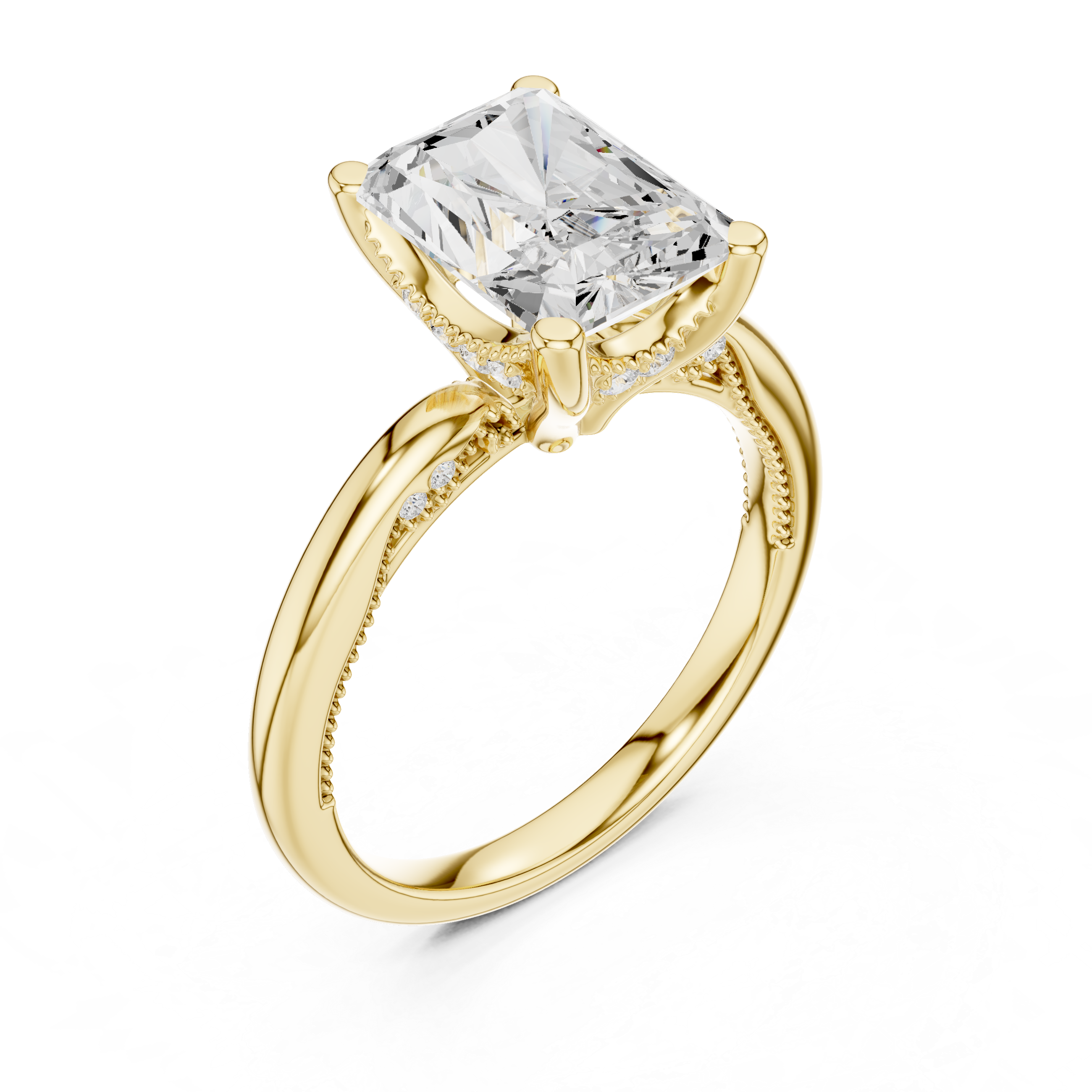Radiant Cut Engagement Ring with Twisted Split Shank and Hidden Halo