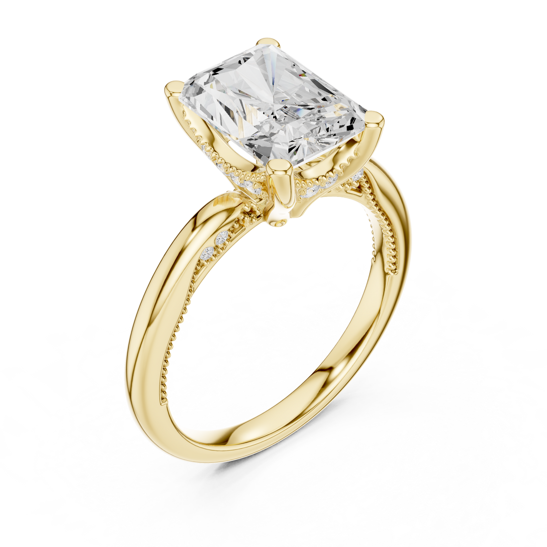 Radiant Cut Engagement Ring with Twisted Split Shank and Hidden Halo