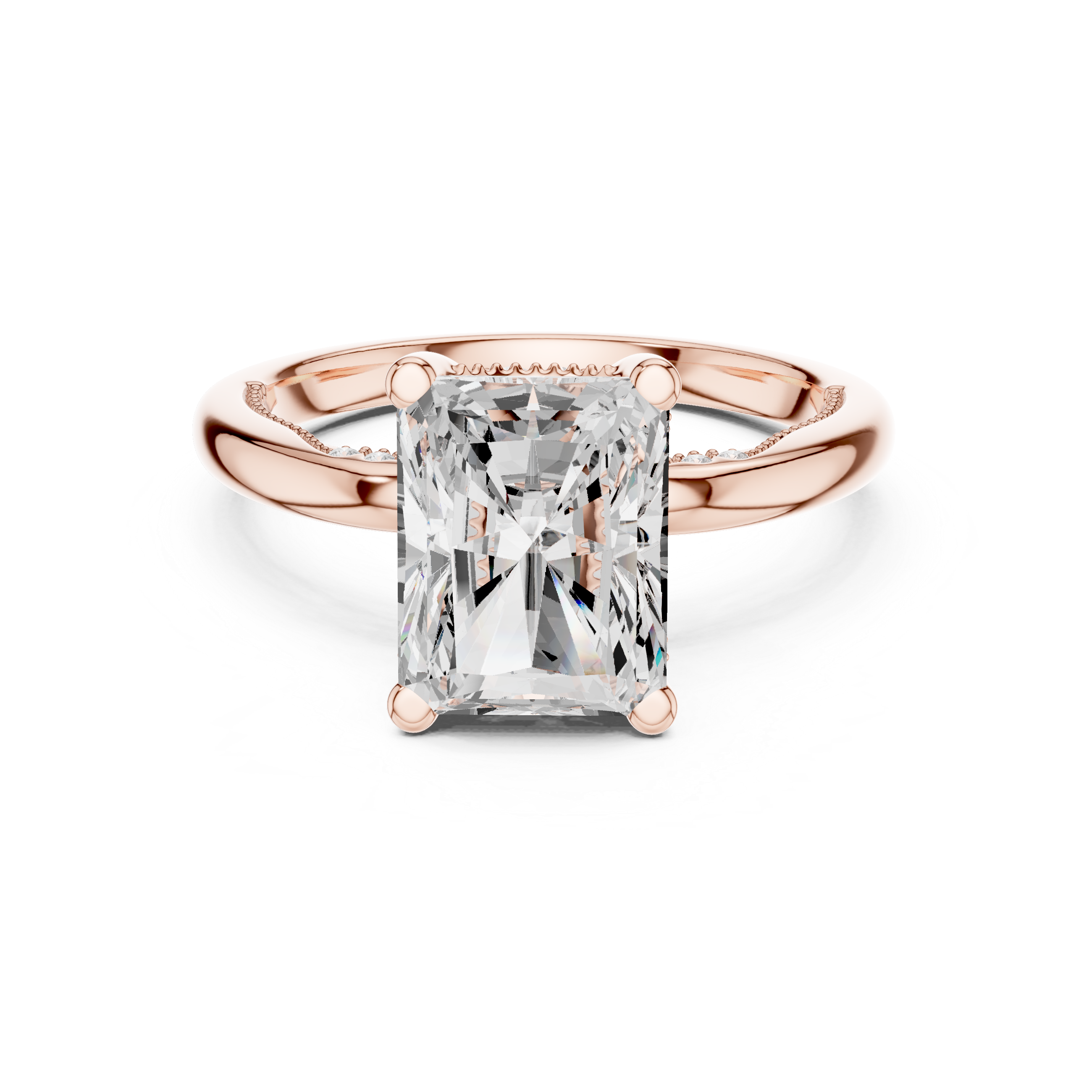 Radiant Cut Engagement Ring with Twisted Split Shank and Hidden Halo