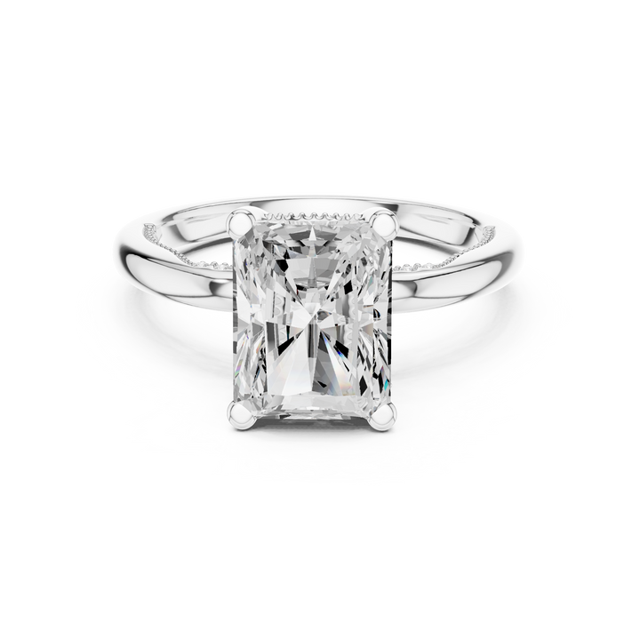 Radiant Cut Engagement Ring with Twisted Split Shank and Hidden Halo