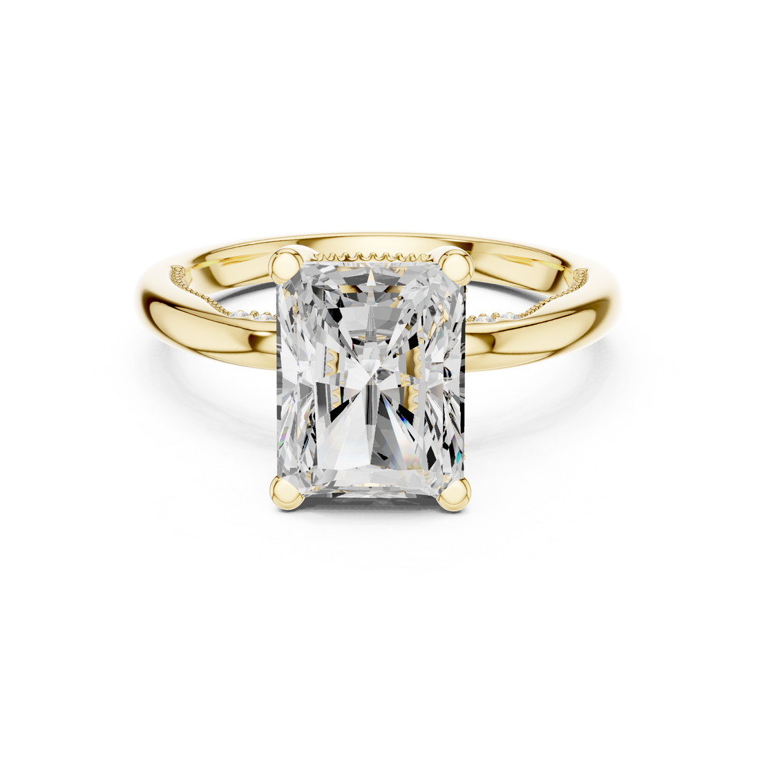 Radiant Cut Engagement Ring with Twisted Split Shank and Hidden Halo
