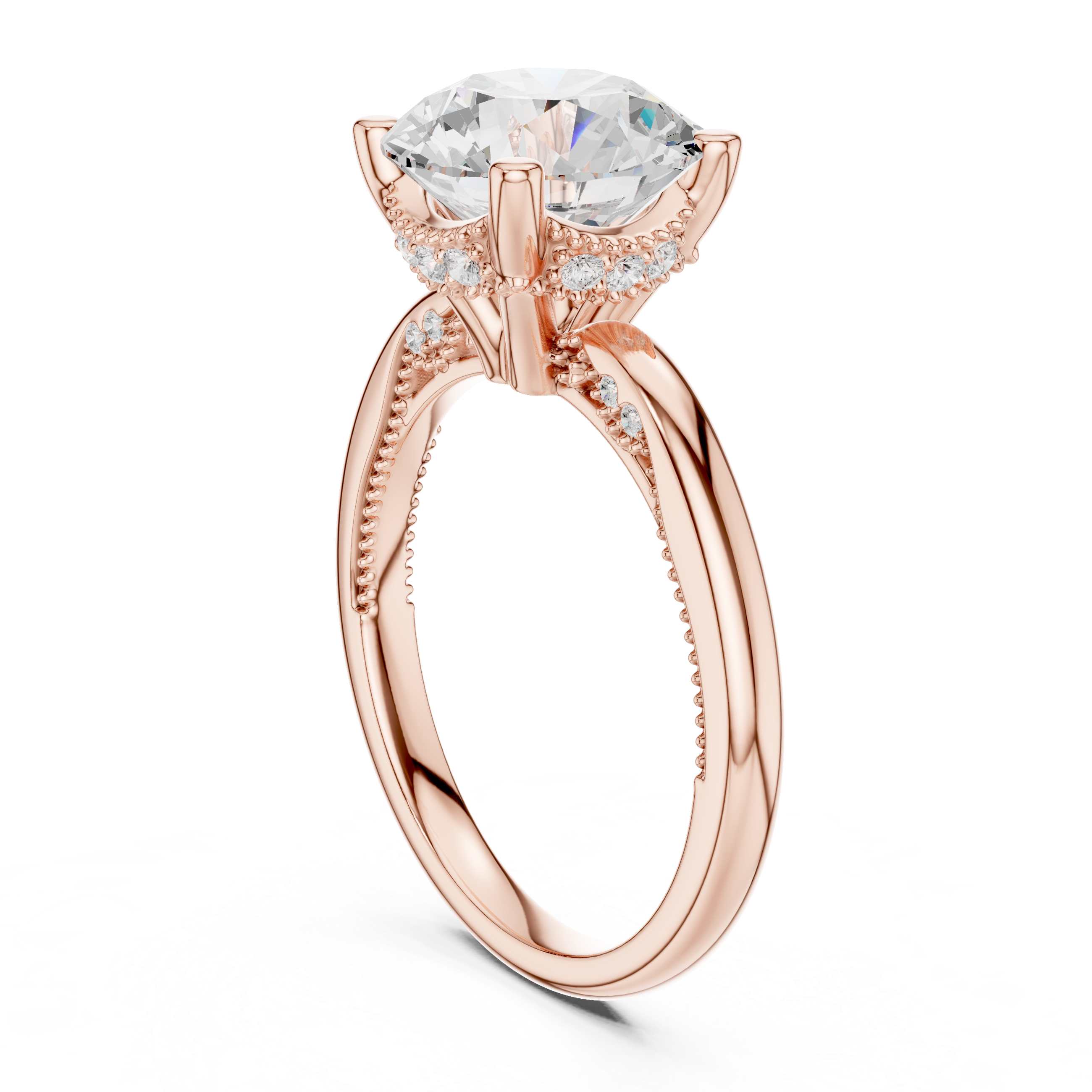 Round Cut Engagement Ring with Twisted Split Shank and Hidden Halo