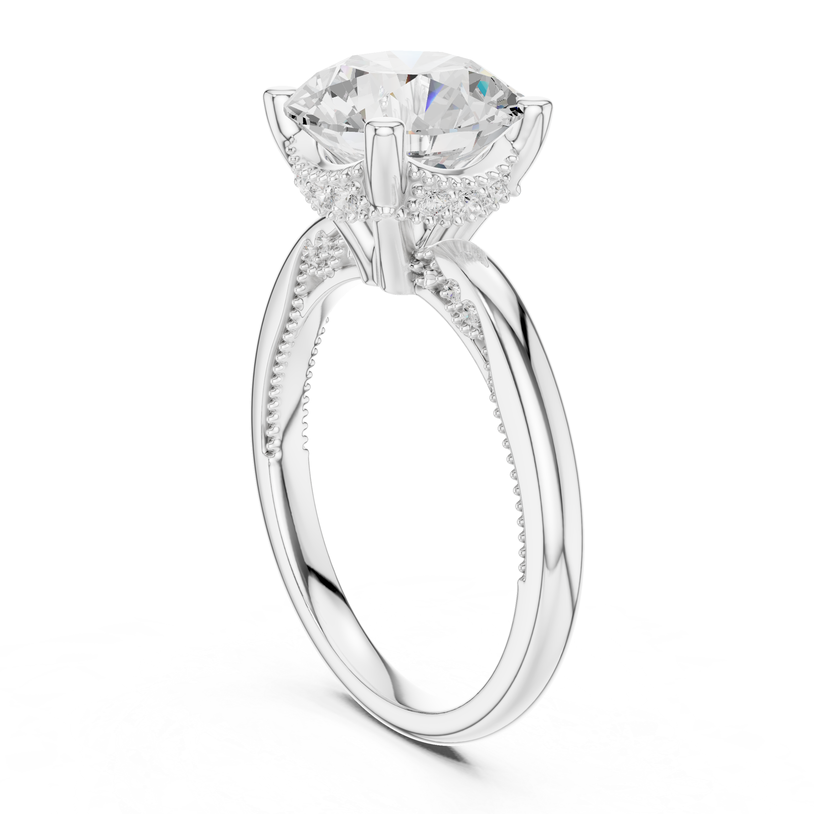 Round Cut Engagement Ring with Twisted Split Shank and Hidden Halo
