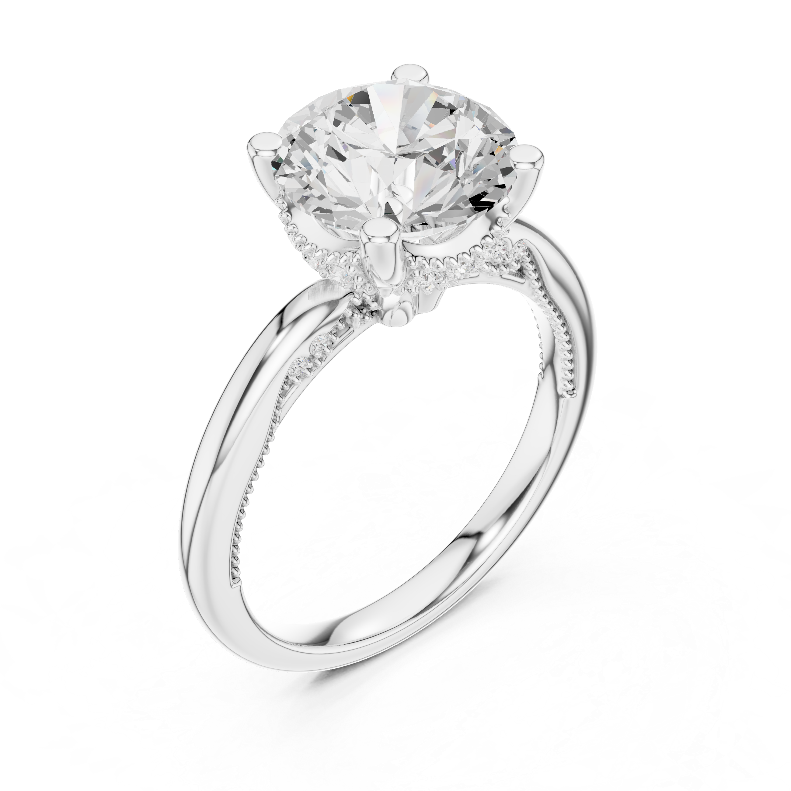 Round Cut Engagement Ring with Twisted Split Shank and Hidden Halo