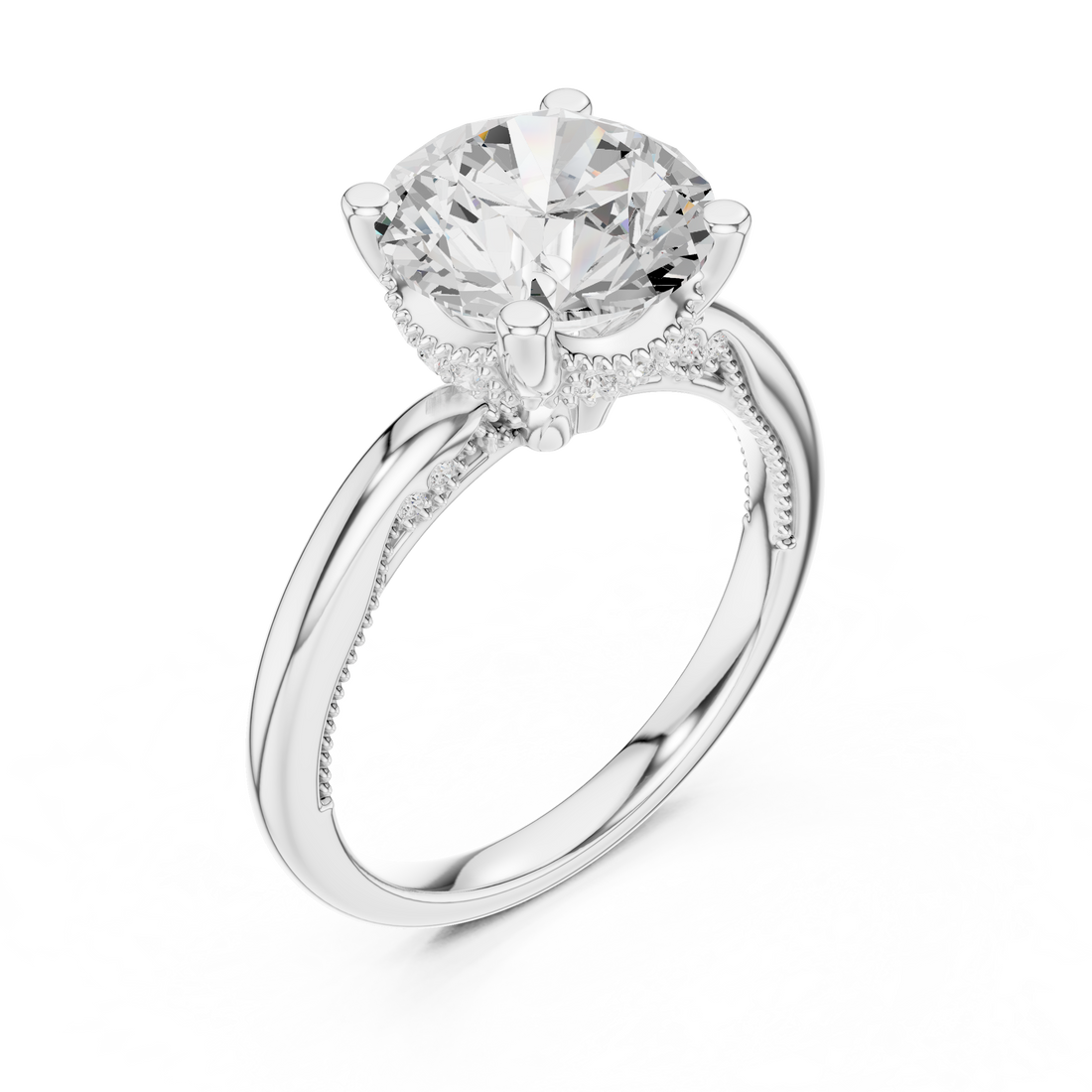 Round Cut Engagement Ring with Twisted Split Shank and Hidden Halo