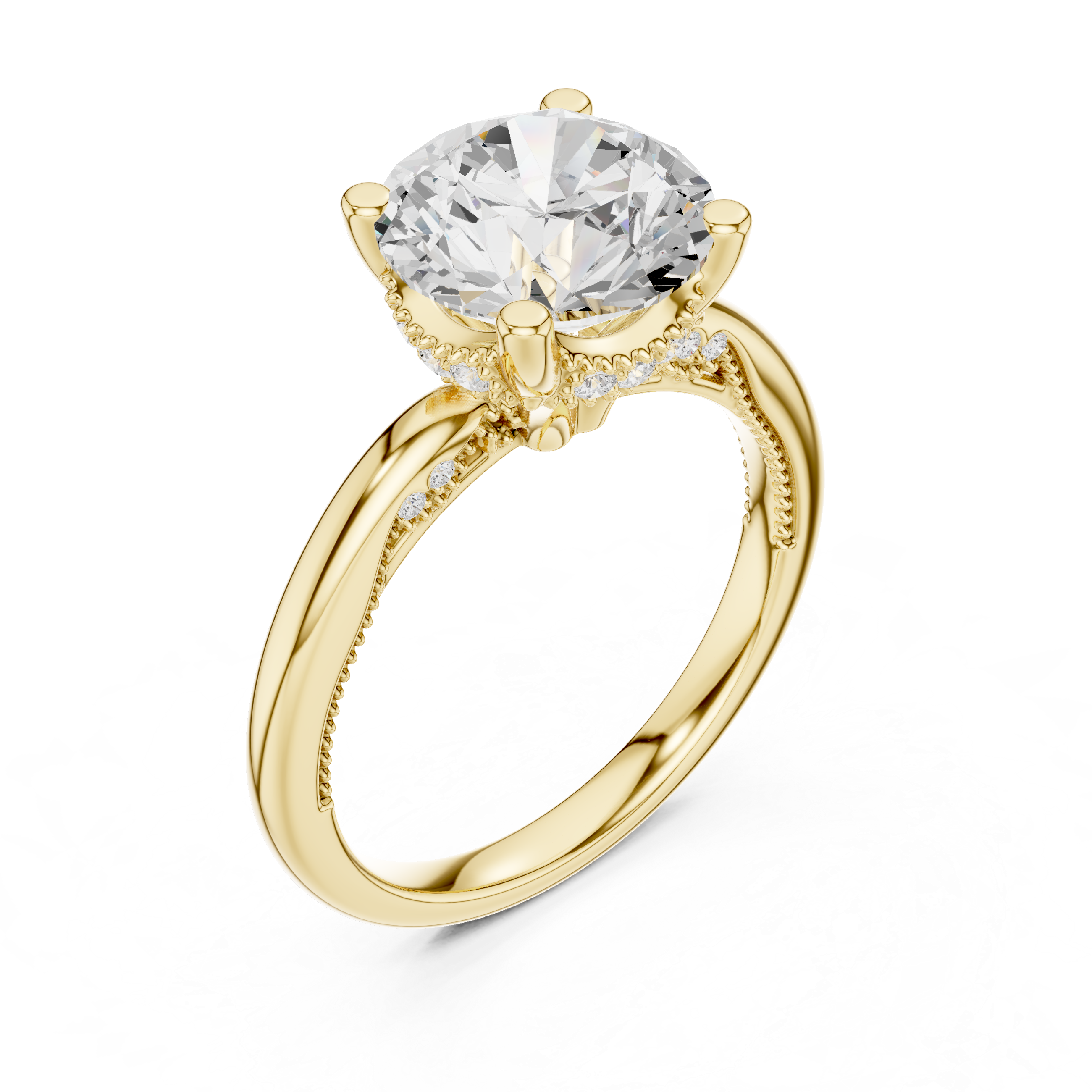 Round Cut Engagement Ring with Twisted Split Shank and Hidden Halo