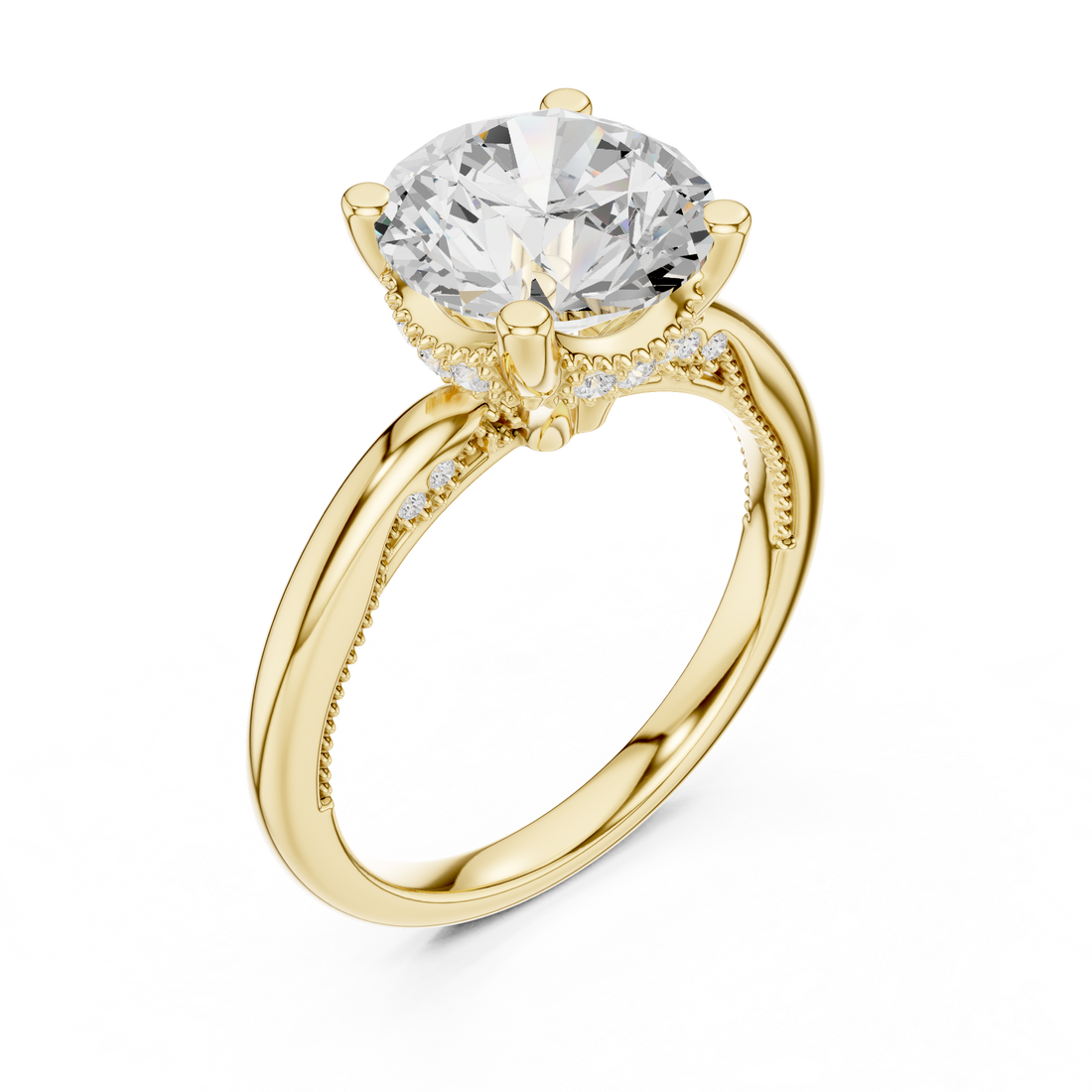 Round Cut Engagement Ring with Twisted Split Shank and Hidden Halo