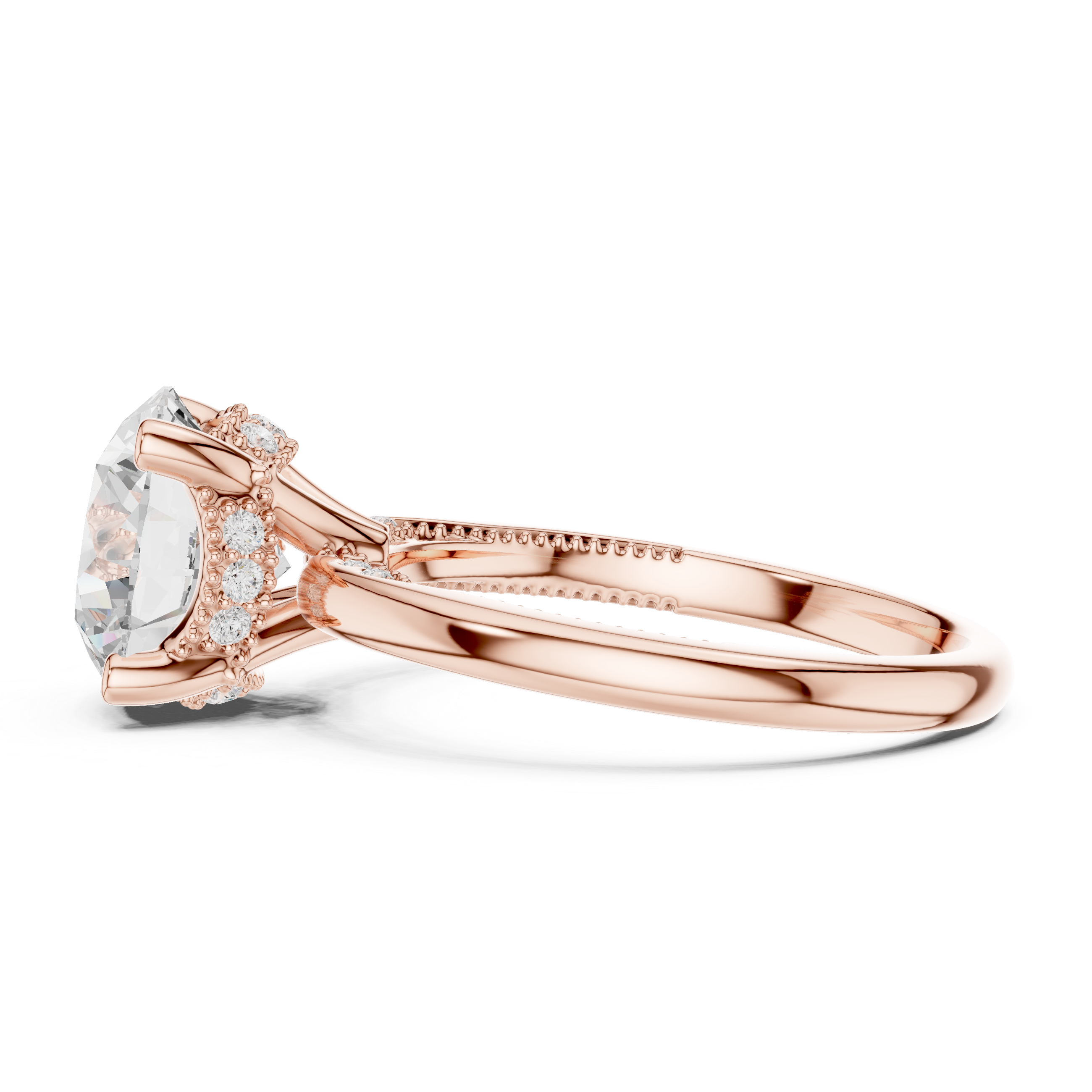 Round Cut Engagement Ring with Twisted Split Shank and Hidden Halo