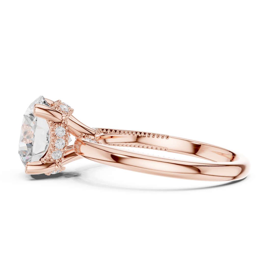 Round Cut Engagement Ring with Twisted Split Shank and Hidden Halo