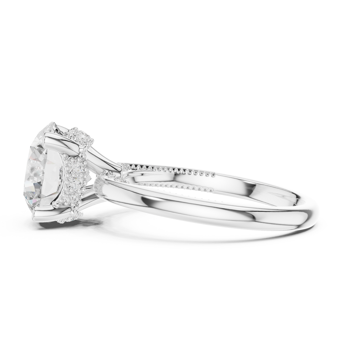 Round Cut Engagement Ring with Twisted Split Shank and Hidden Halo