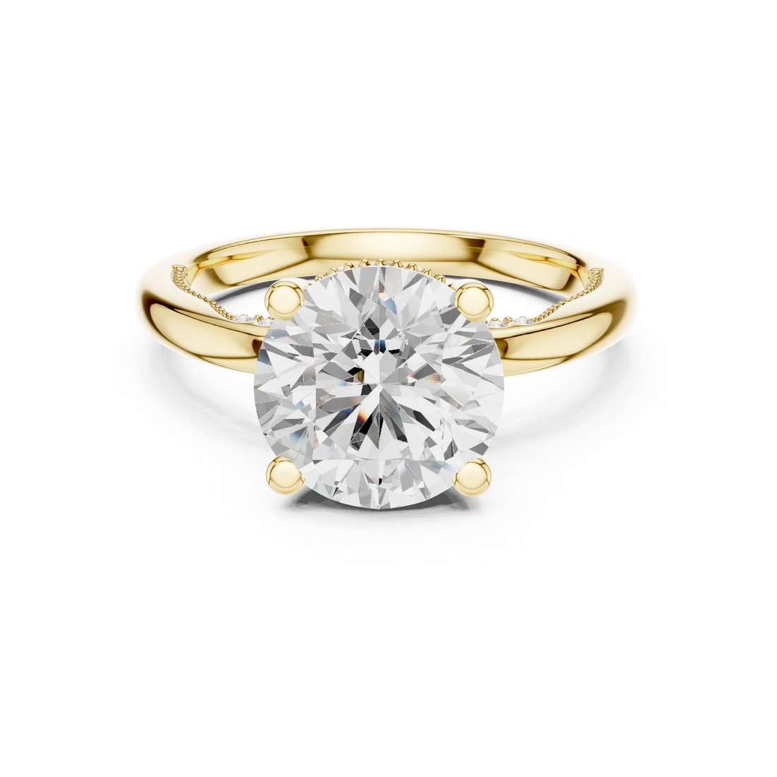 Round Cut Engagement Ring with Twisted Split Shank and Hidden Halo