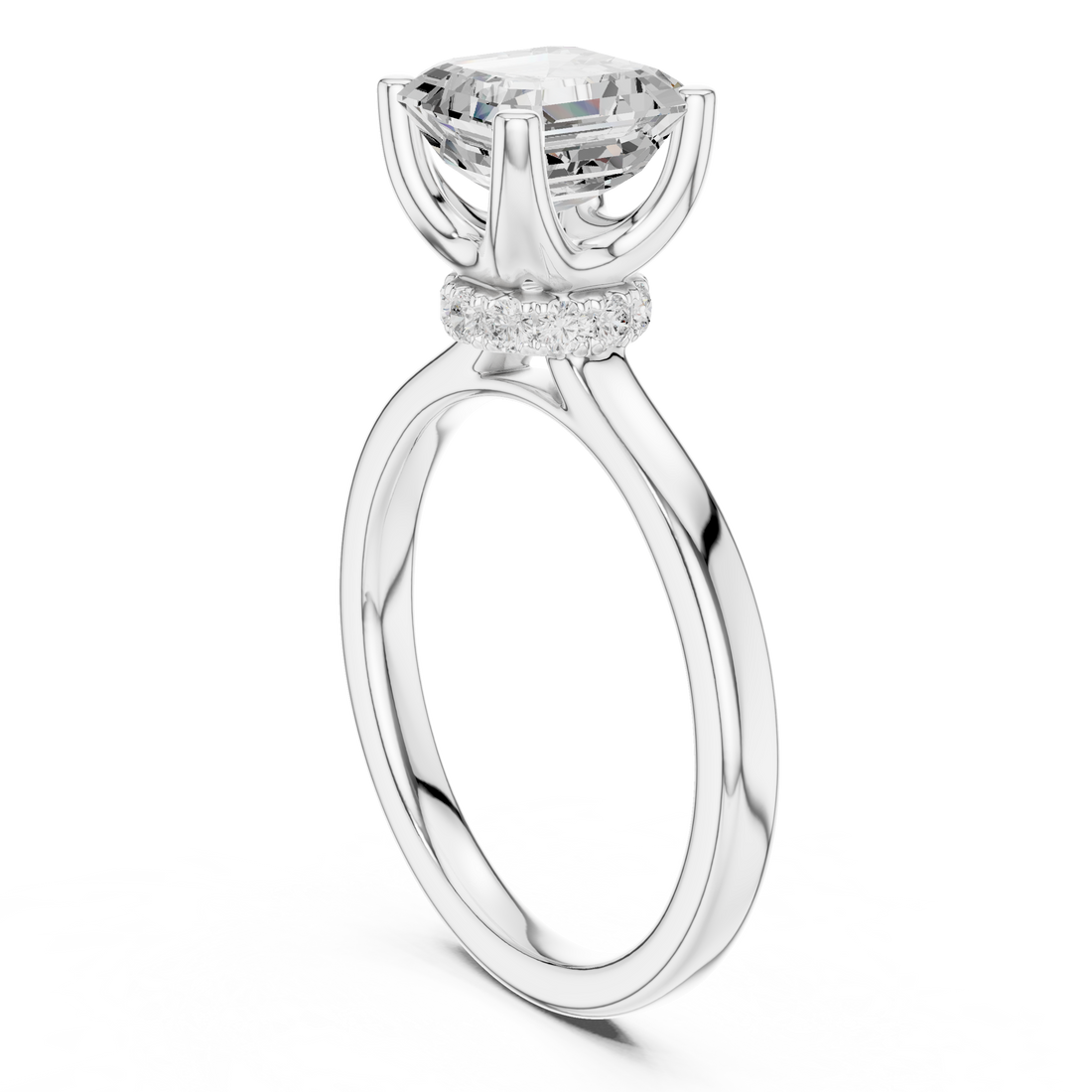 Asscher Cut Solitaire Engagement Ring with Hidden Halo and Cathedral Shank