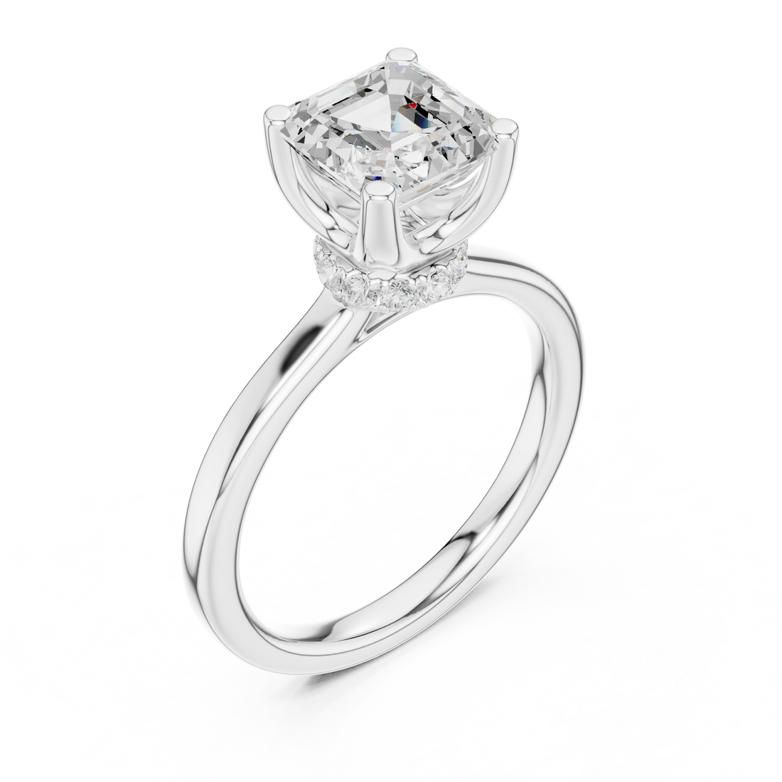 Asscher Cut Solitaire Engagement Ring with Hidden Halo and Cathedral Shank