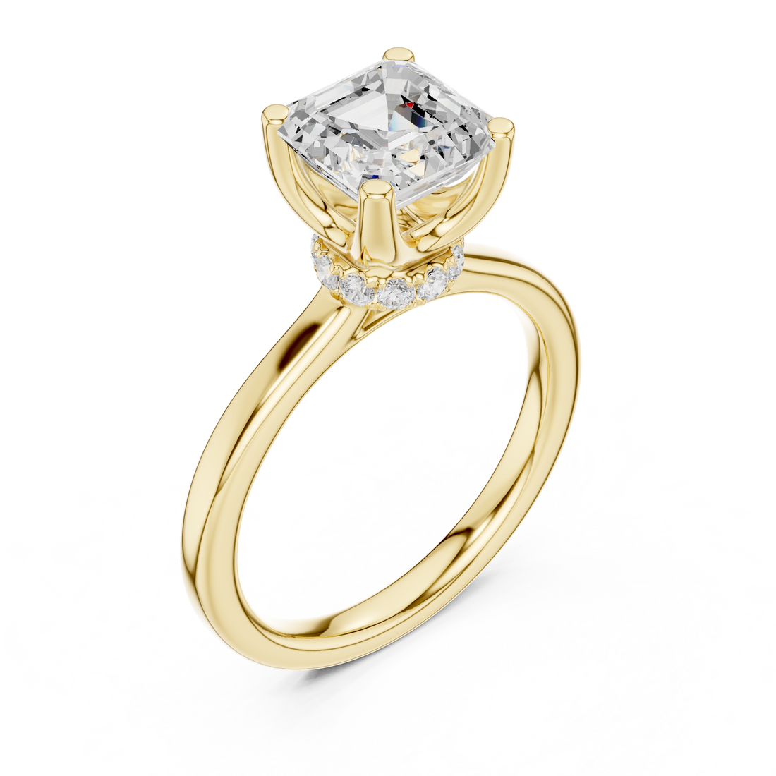 Asscher Cut Solitaire Engagement Ring with Hidden Halo and Cathedral Shank