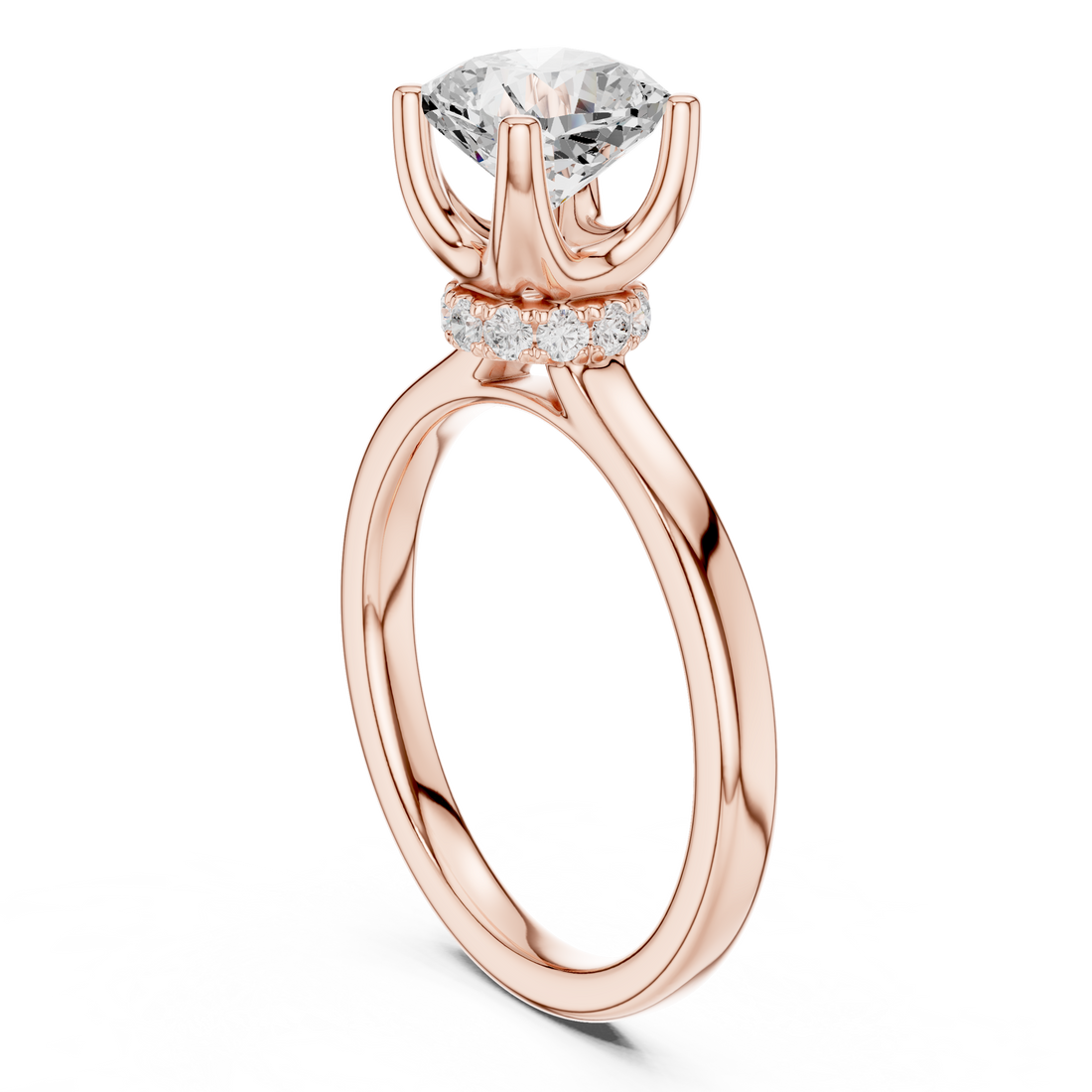 Cushion Cut Solitaire Engagement Ring with Hidden Halo and Cathedral Shank