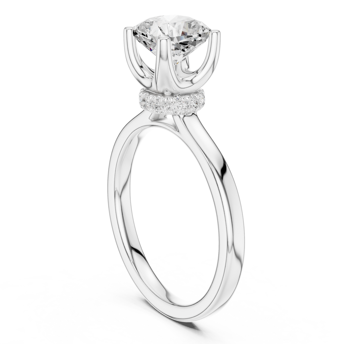 Cushion Cut Solitaire Engagement Ring with Hidden Halo and Cathedral Shank
