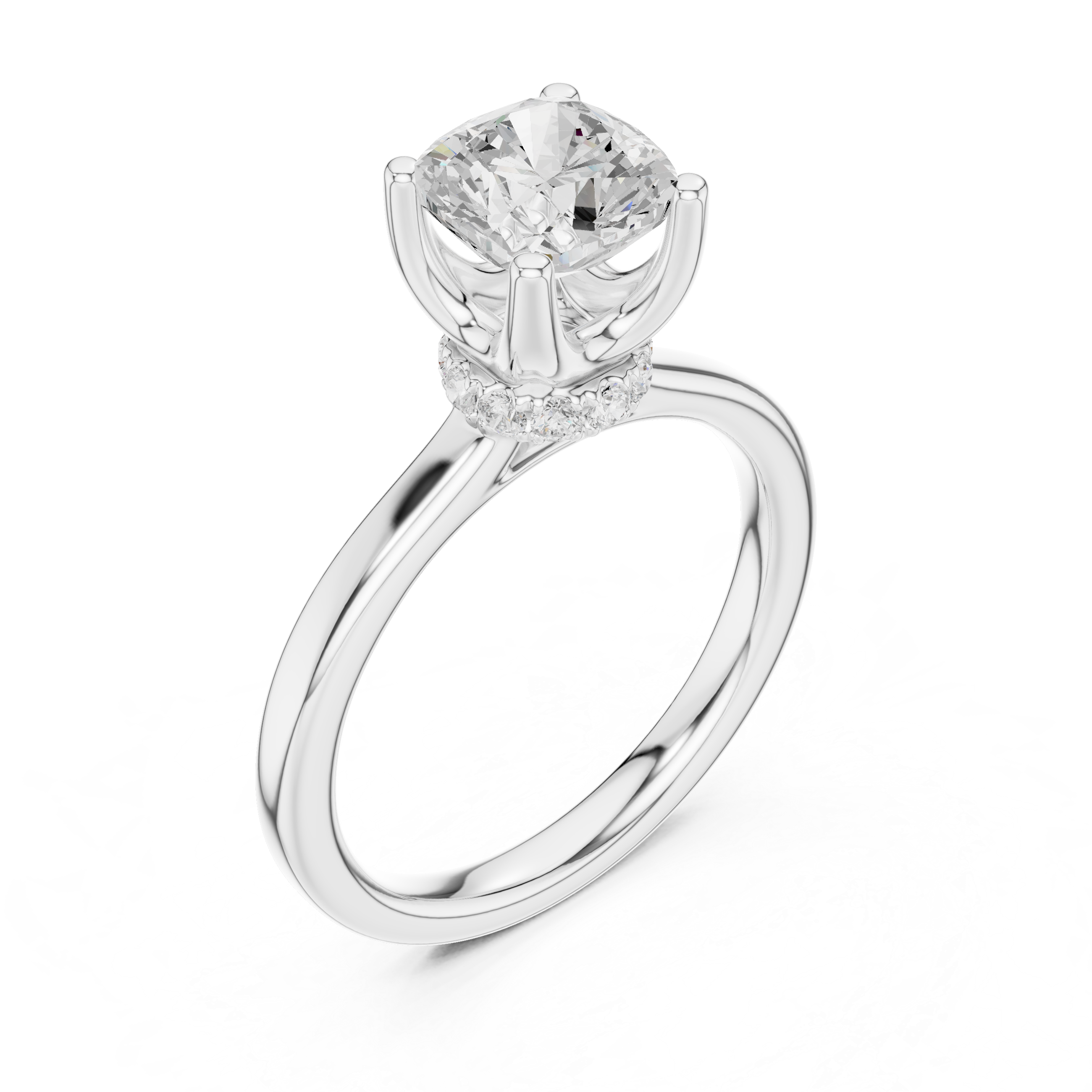Cushion Cut Solitaire Engagement Ring with Hidden Halo and Cathedral Shank
