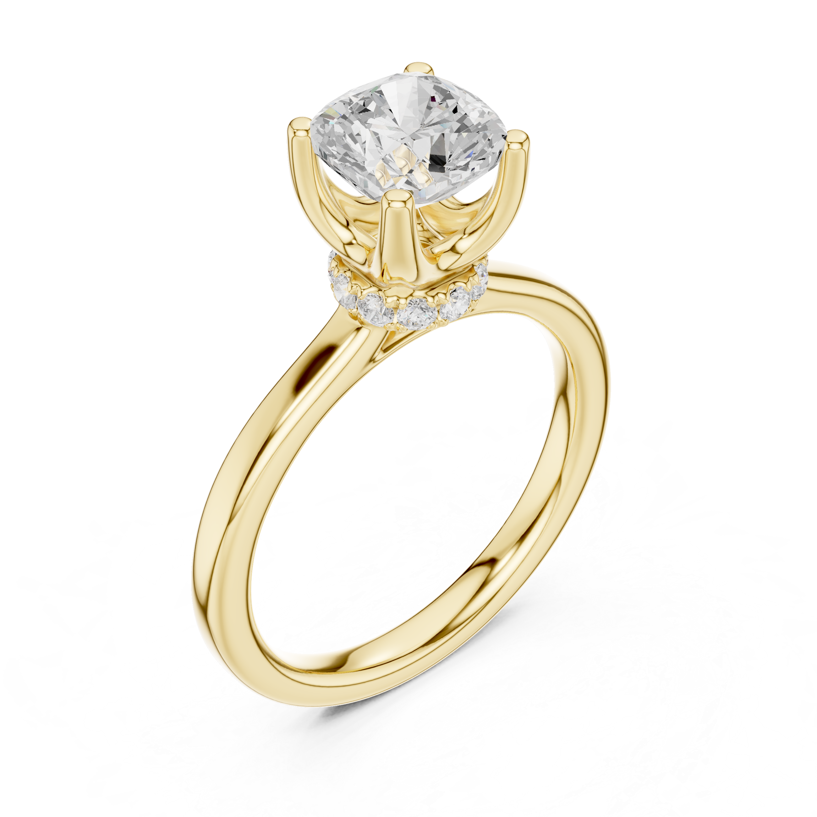 Cushion Cut Solitaire Engagement Ring with Hidden Halo and Cathedral Shank