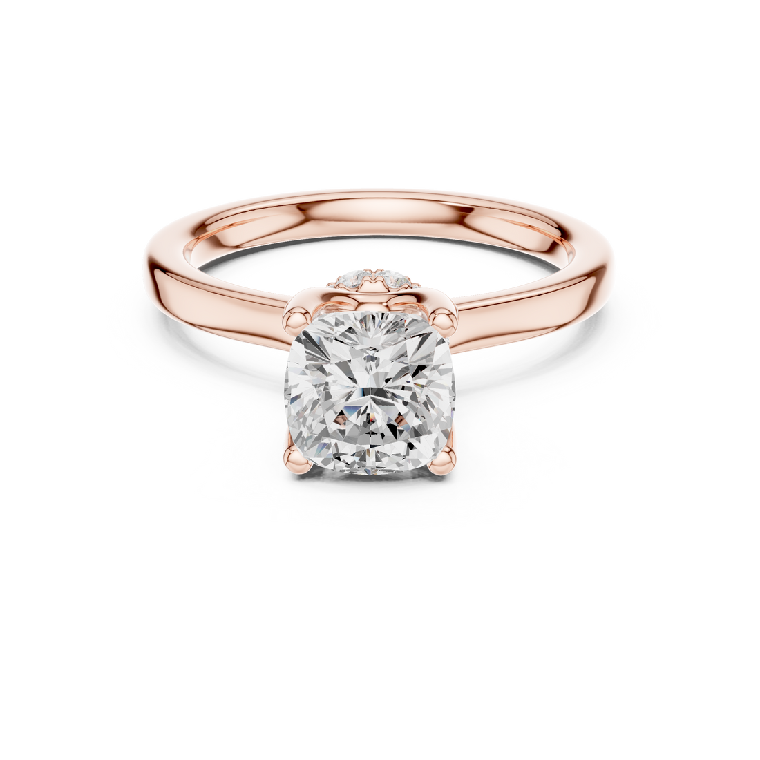 Cushion Cut Solitaire Engagement Ring with Hidden Halo and Cathedral Shank