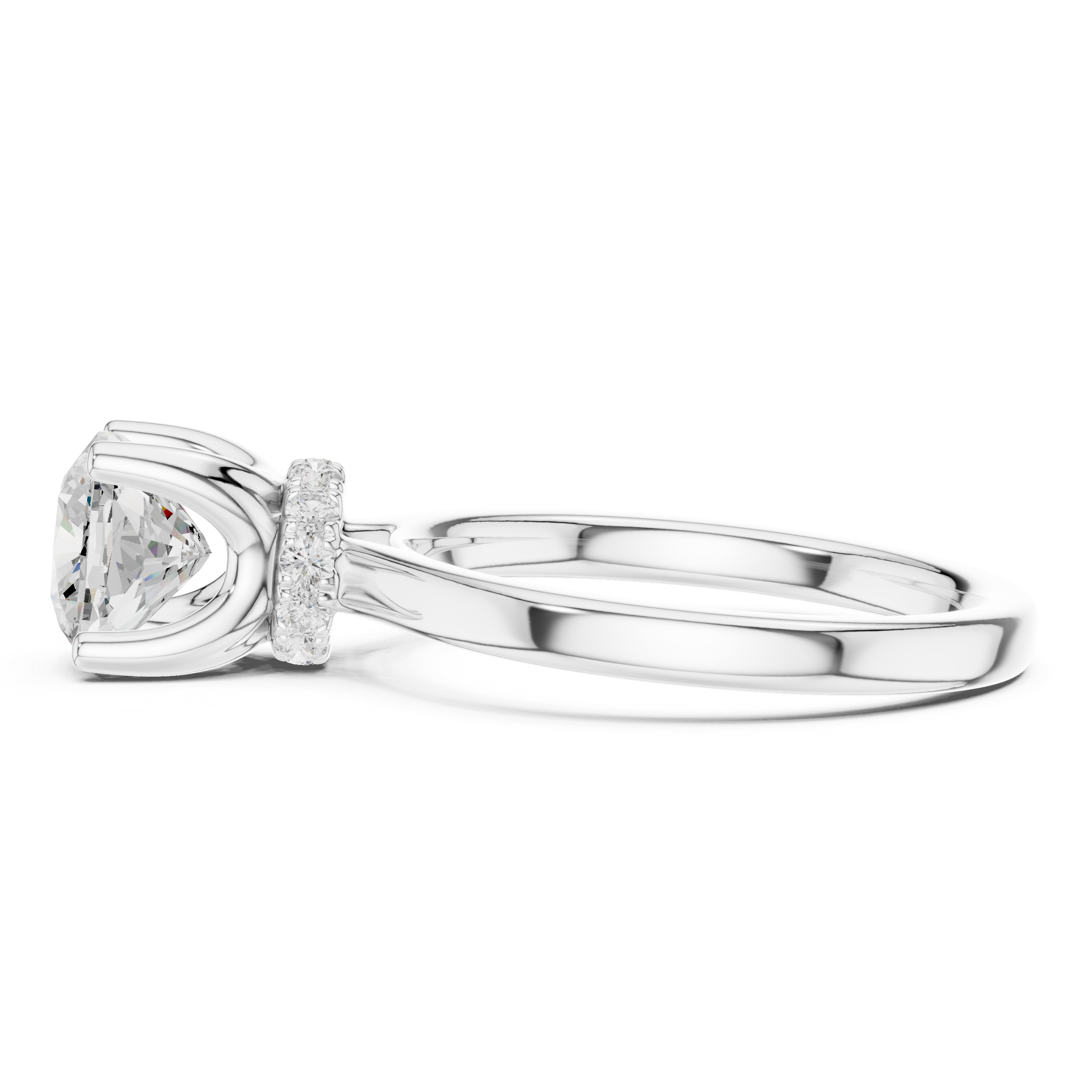 Cushion Cut Solitaire Engagement Ring with Hidden Halo and Cathedral Shank