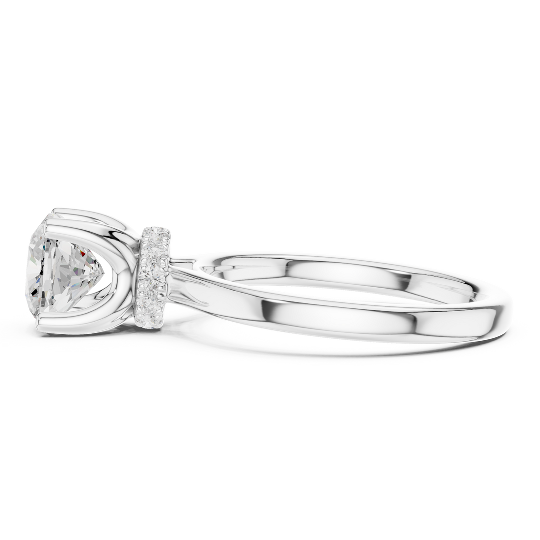Cushion Cut Solitaire Engagement Ring with Hidden Halo and Cathedral Shank