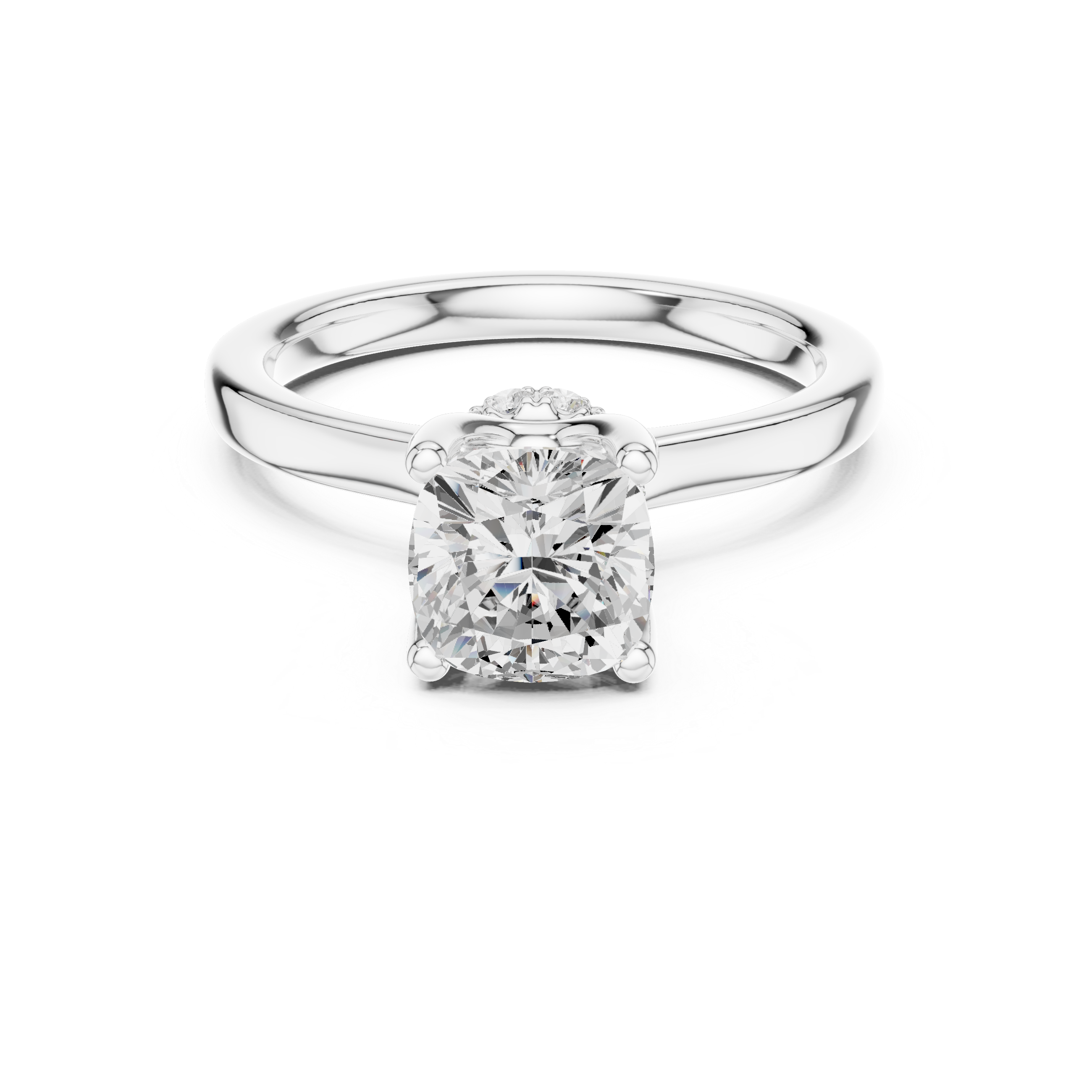 Cushion Cut Solitaire Engagement Ring with Hidden Halo and Cathedral Shank