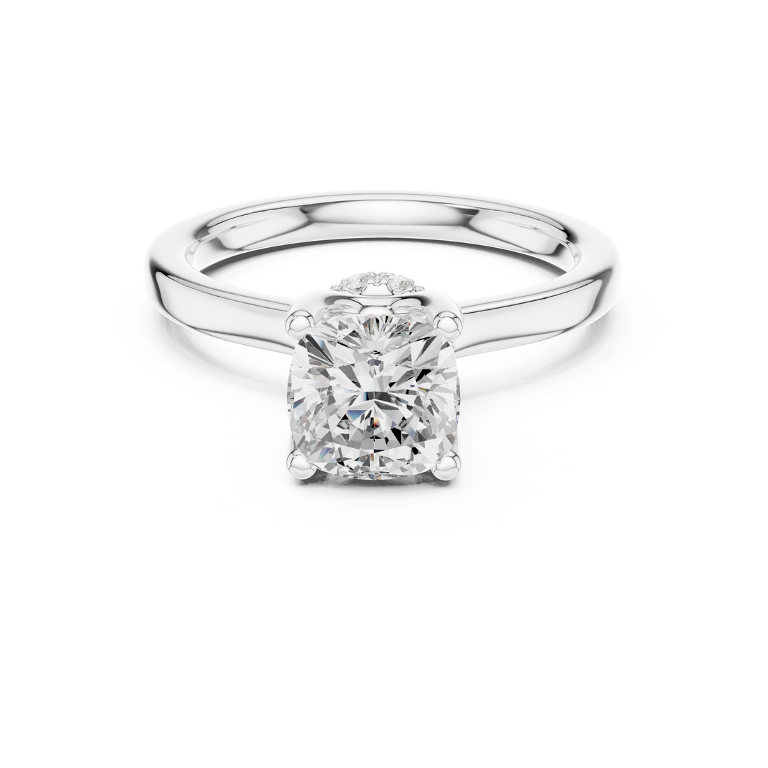 Cushion Cut Solitaire Engagement Ring with Hidden Halo and Cathedral Shank
