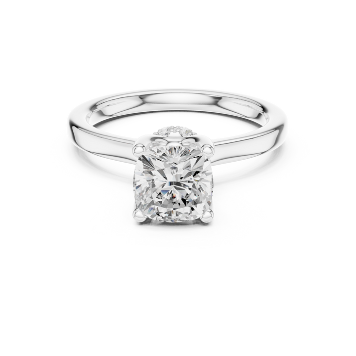 Cushion Cut Solitaire Engagement Ring with Hidden Halo and Cathedral Shank