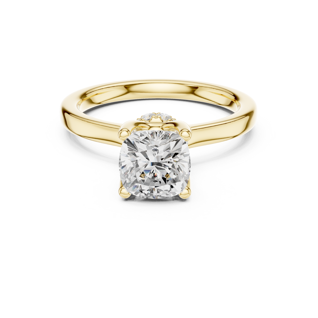 Cushion Cut Solitaire Engagement Ring with Hidden Halo and Cathedral Shank