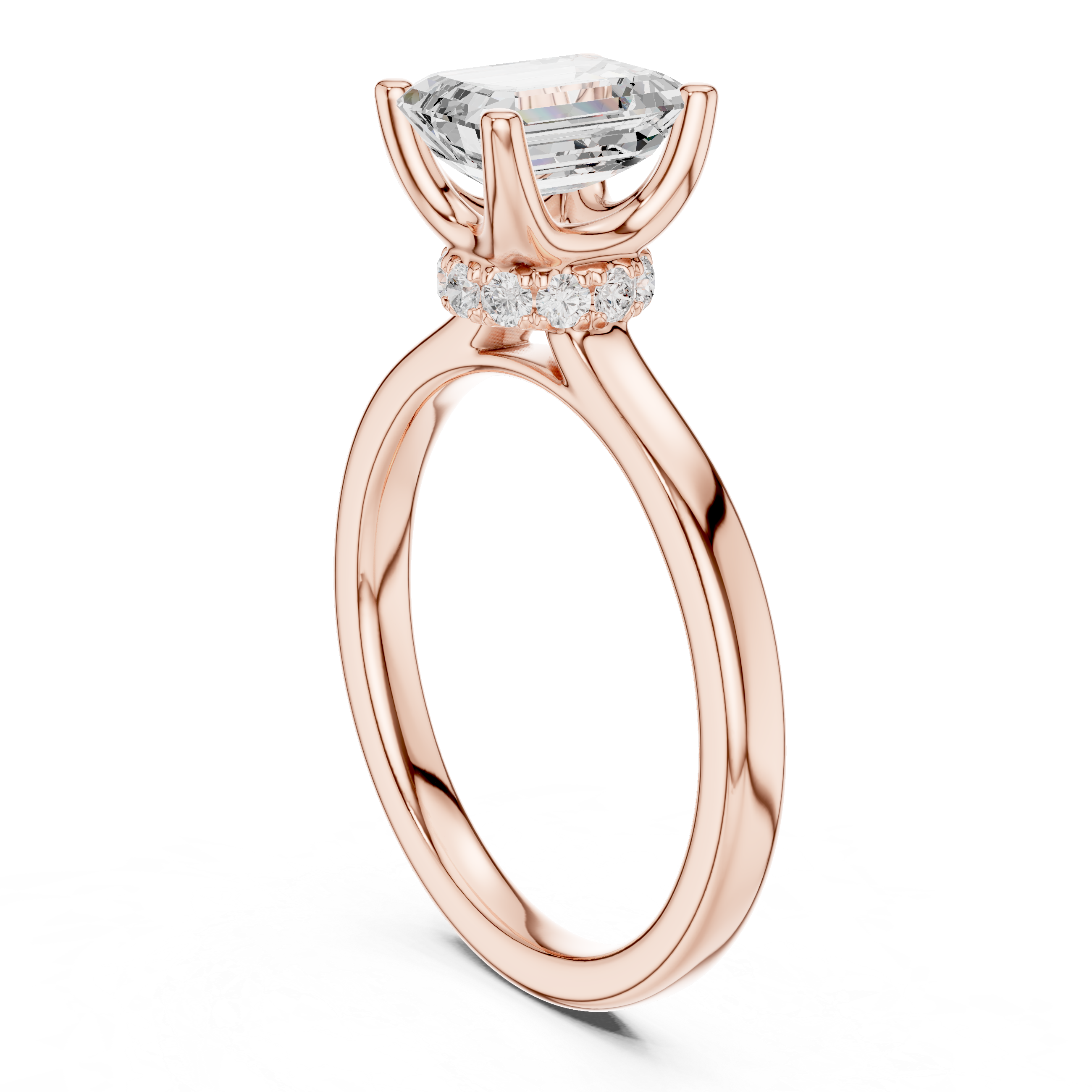 Emerald Cut Solitaire Engagement Ring with Hidden Halo and Cathedral Shank