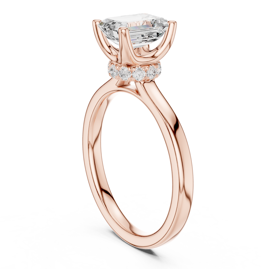 Emerald Cut Solitaire Engagement Ring with Hidden Halo and Cathedral Shank