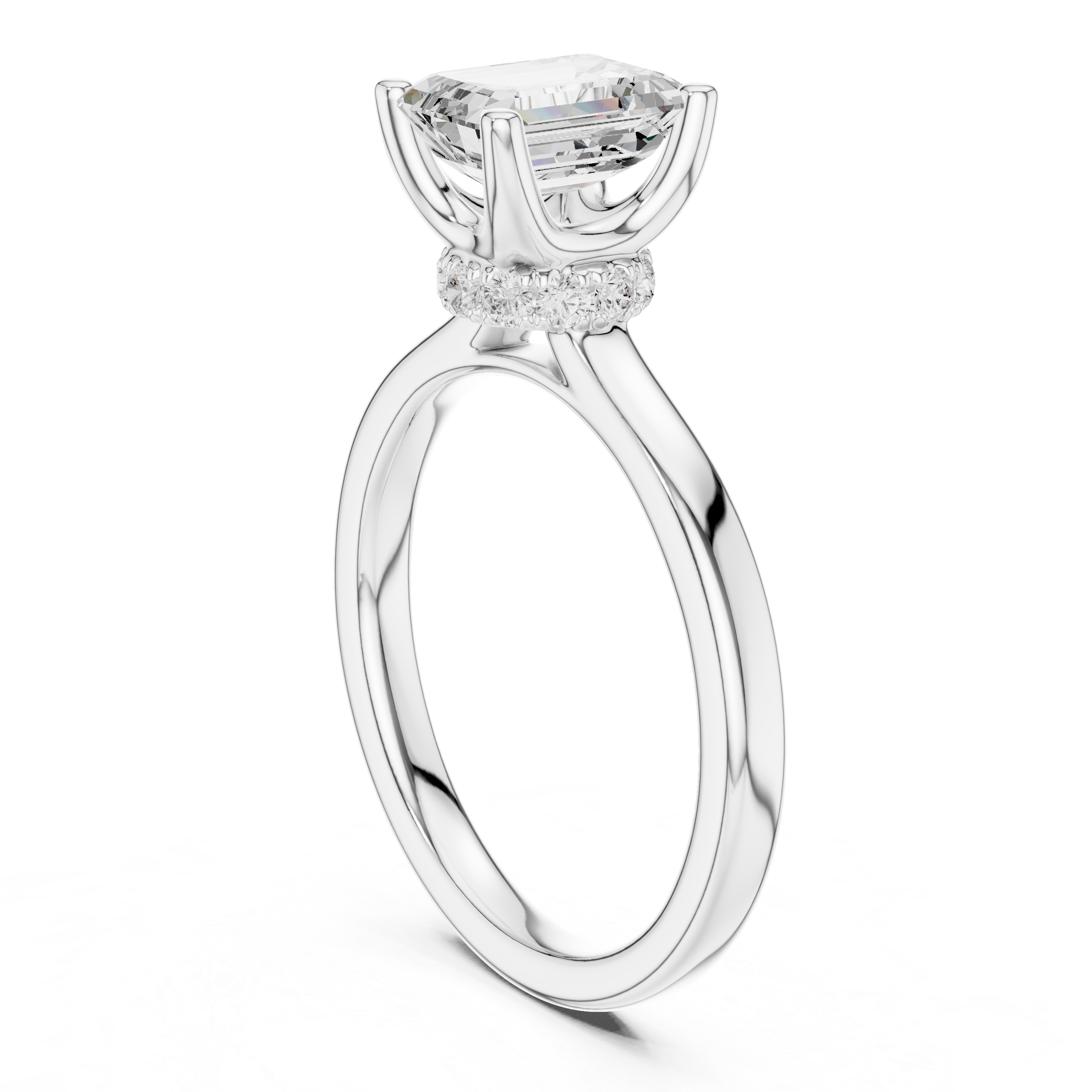 Emerald Cut Solitaire Engagement Ring with Hidden Halo and Cathedral Shank