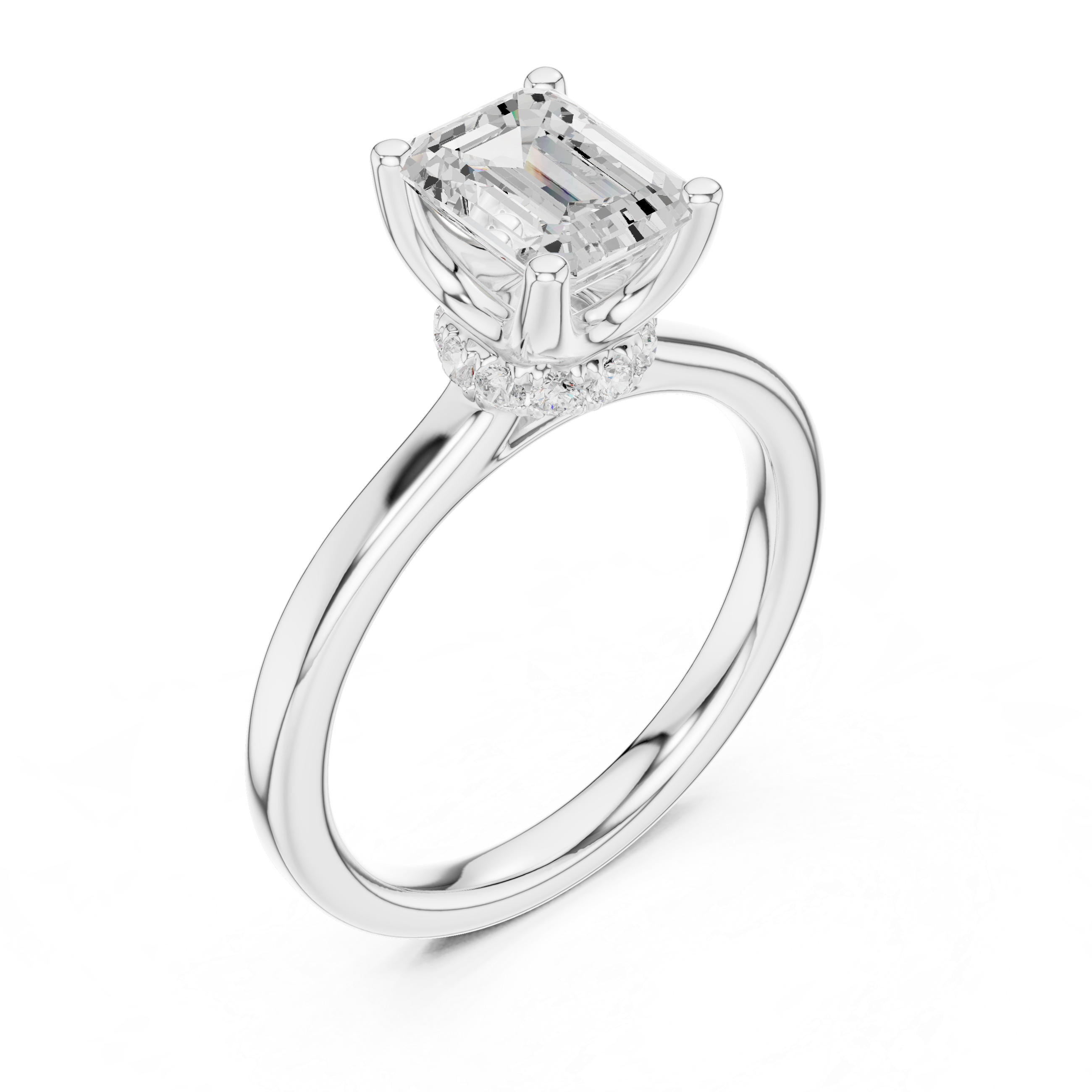 Emerald Cut Solitaire Engagement Ring with Hidden Halo and Cathedral Shank