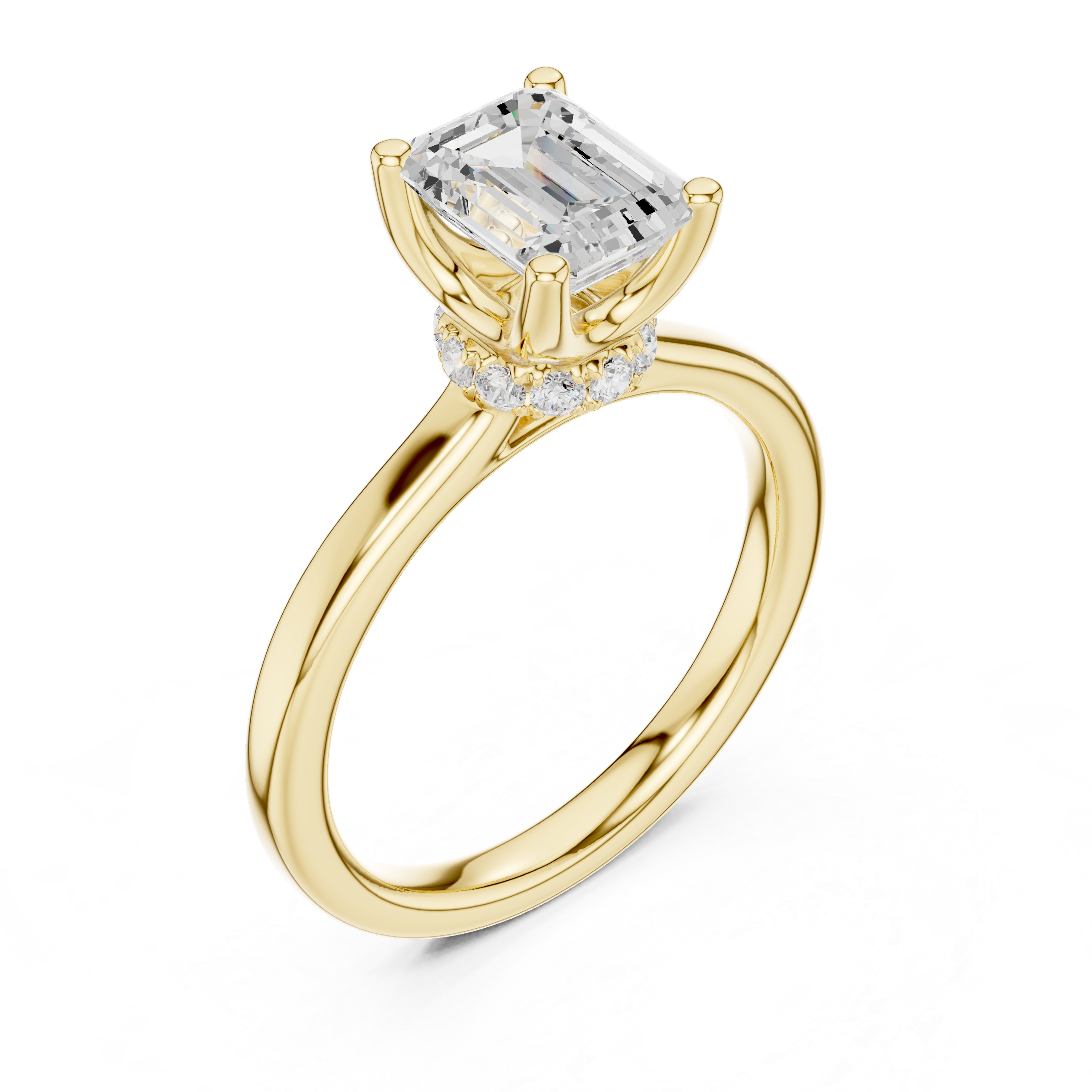 Emerald Cut Solitaire Engagement Ring with Hidden Halo and Cathedral Shank