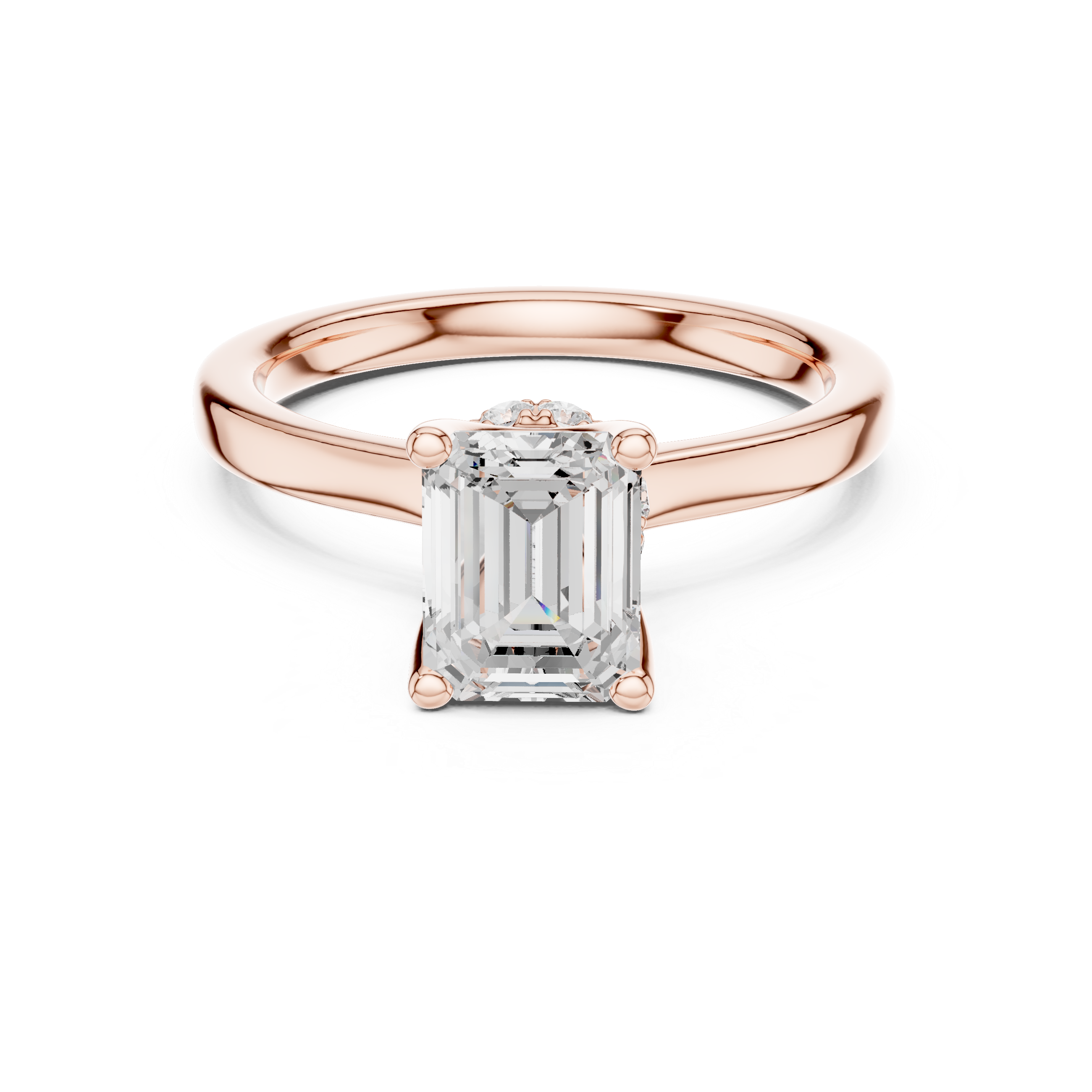 Emerald Cut Solitaire Engagement Ring with Hidden Halo and Cathedral Shank