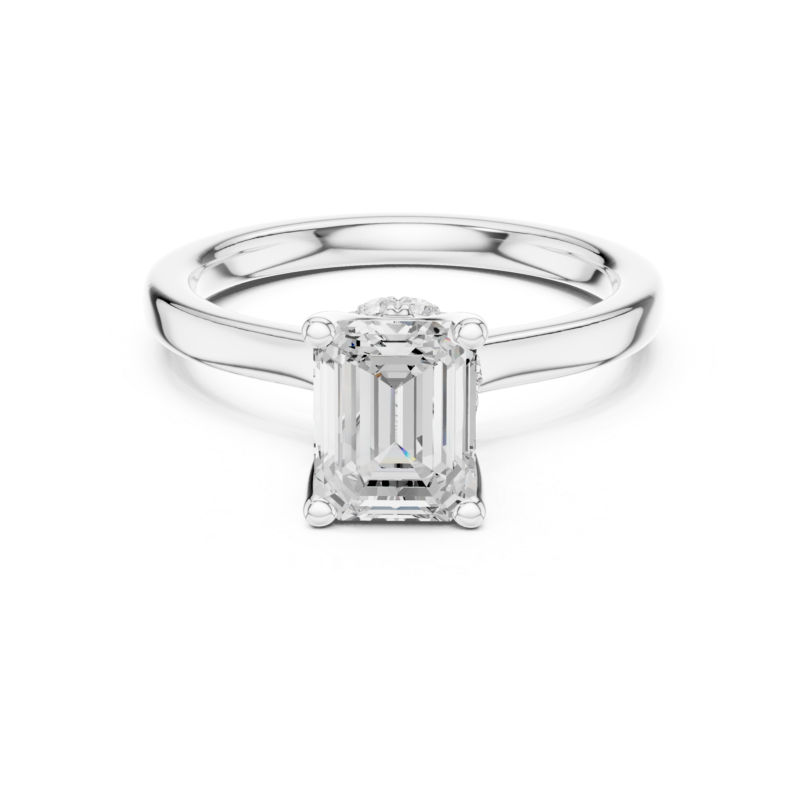 Emerald Cut Solitaire Engagement Ring with Hidden Halo and Cathedral Shank