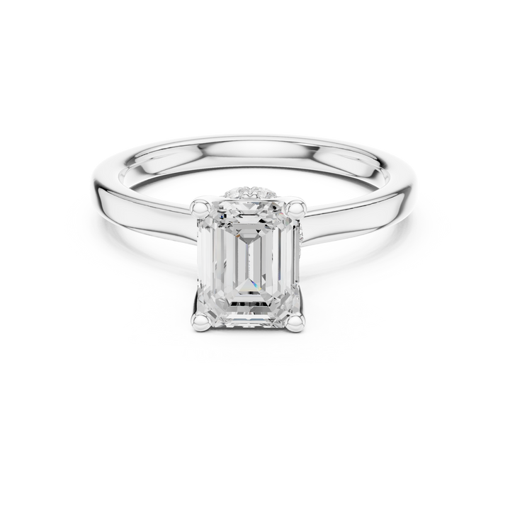 Emerald Cut Solitaire Engagement Ring with Hidden Halo and Cathedral Shank