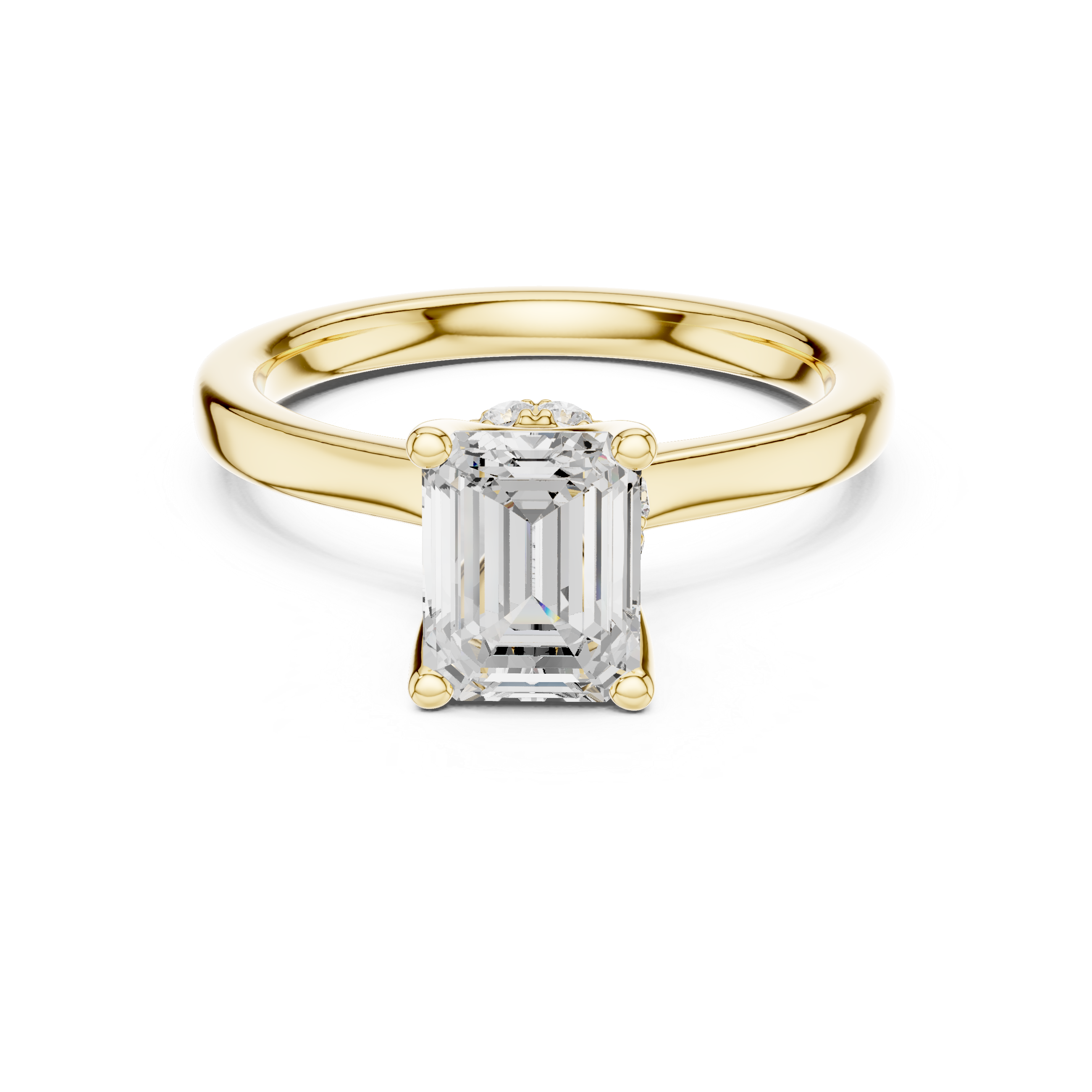 Emerald Cut Solitaire Engagement Ring with Hidden Halo and Cathedral Shank