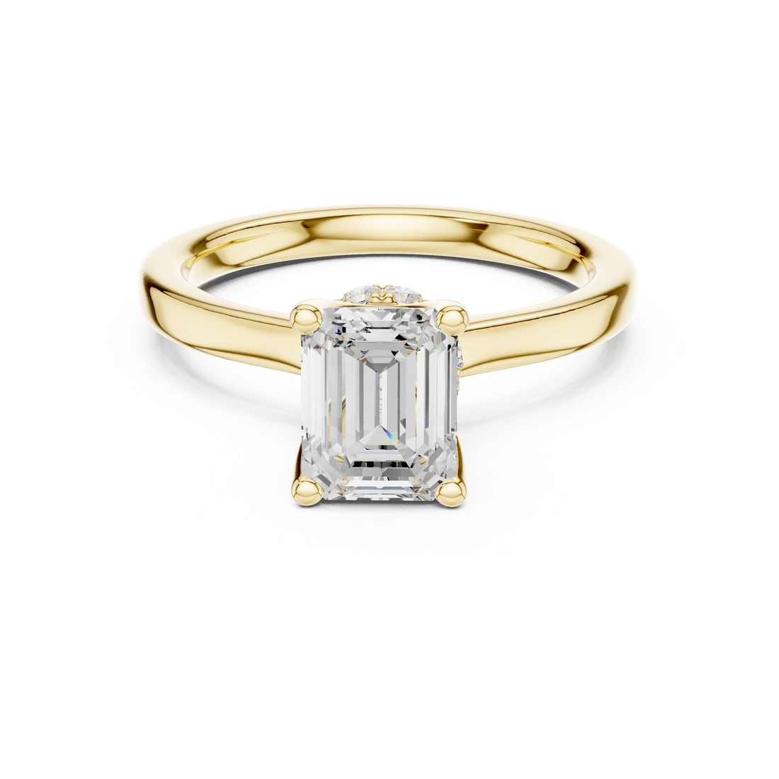 Emerald Cut Solitaire Engagement Ring with Hidden Halo and Cathedral Shank