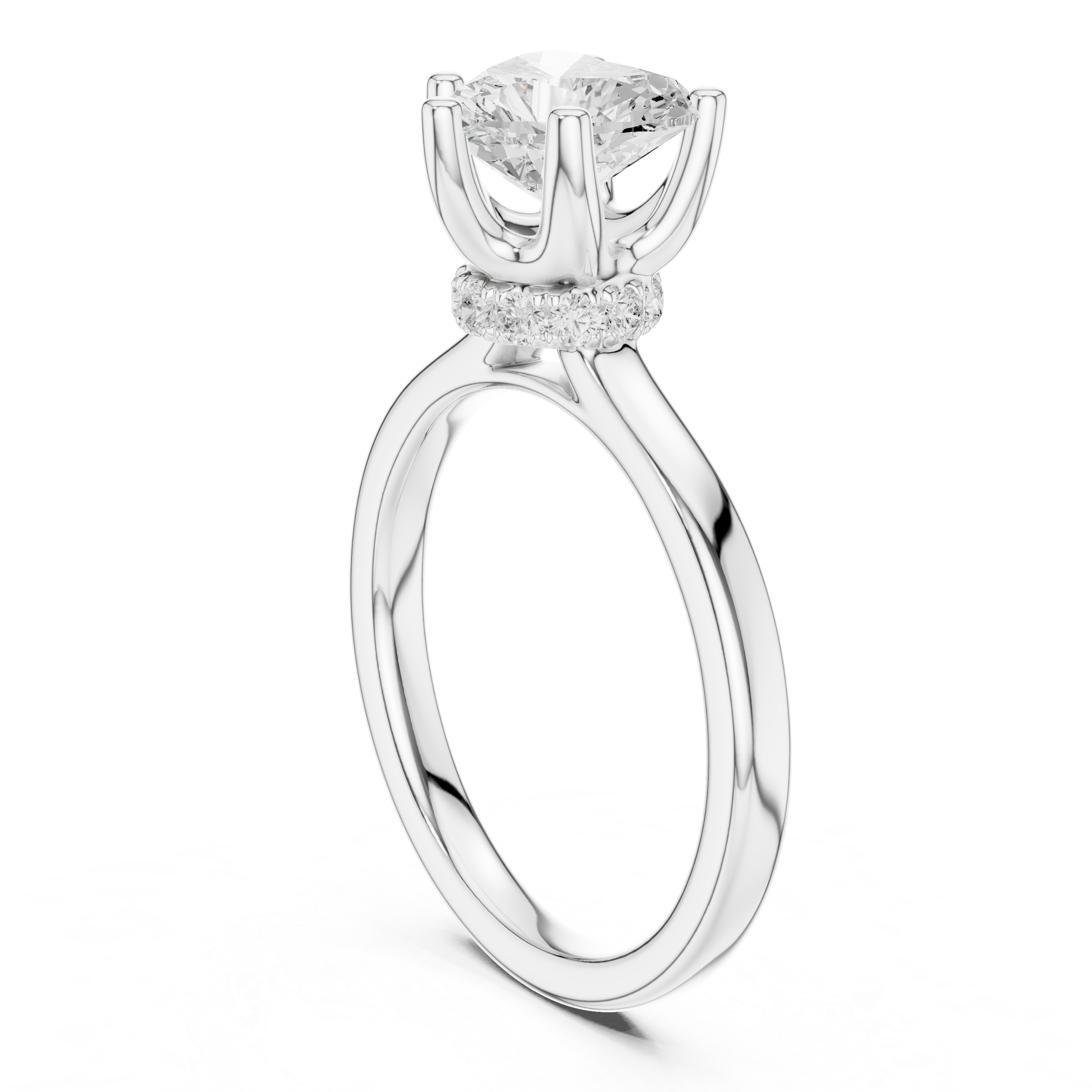 Heart Cut Solitaire Engagement Ring with Hidden Halo and Cathedral Shank