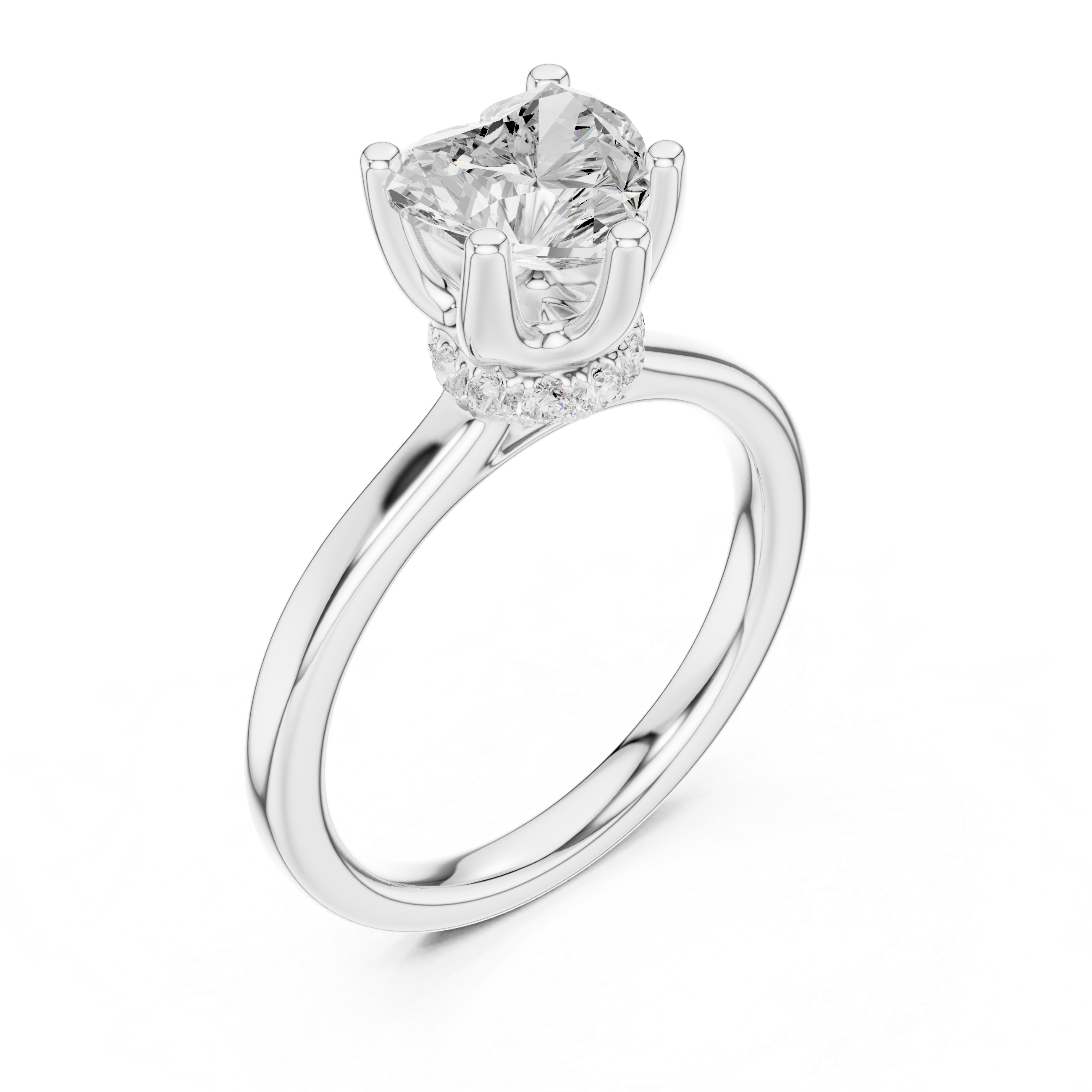 Heart Cut Solitaire Engagement Ring with Hidden Halo and Cathedral Shank
