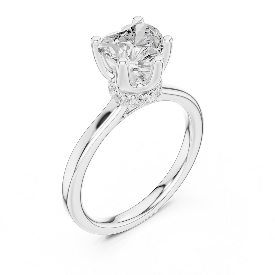 Heart Cut Solitaire Engagement Ring with Hidden Halo and Cathedral Shank