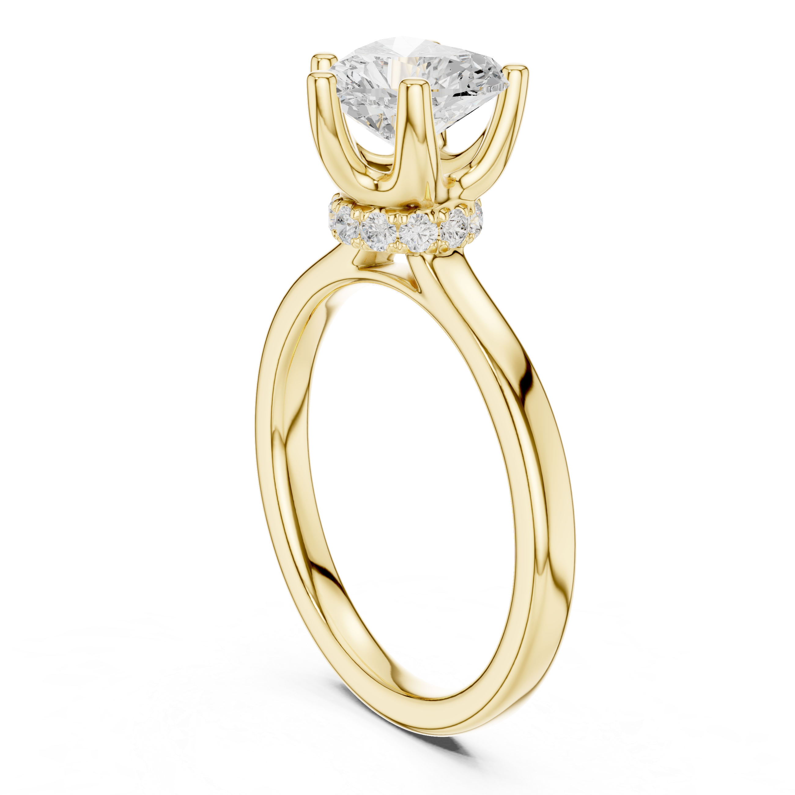 Heart Cut Solitaire Engagement Ring with Hidden Halo and Cathedral Shank