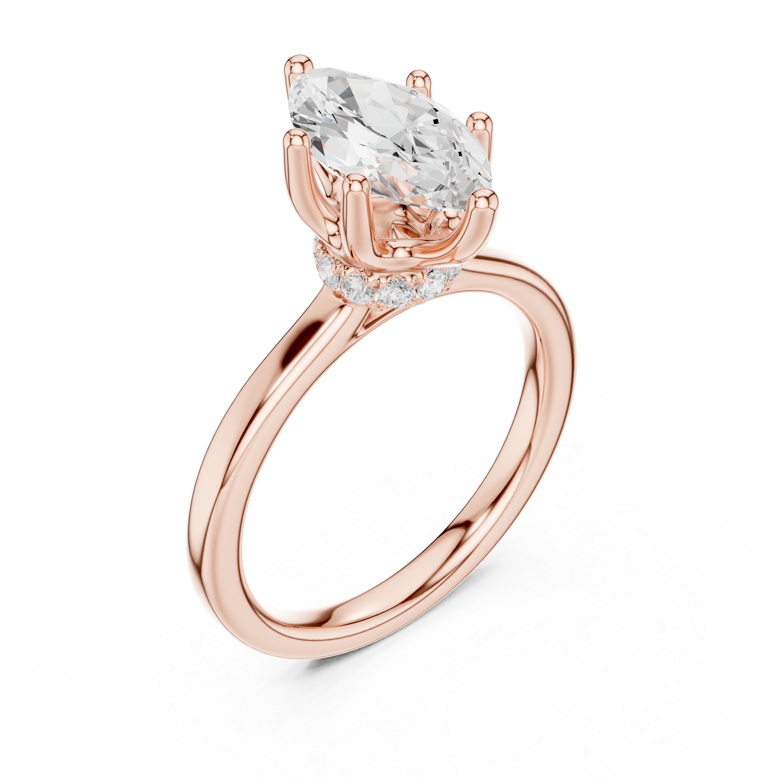 Marquise Cut Solitaire Engagement Ring with Hidden Halo and Cathedral Shank
